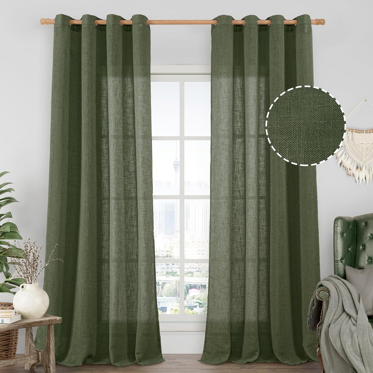 LAMIT Olive Green Linen Sheer Curtains for Living Room 95 in
