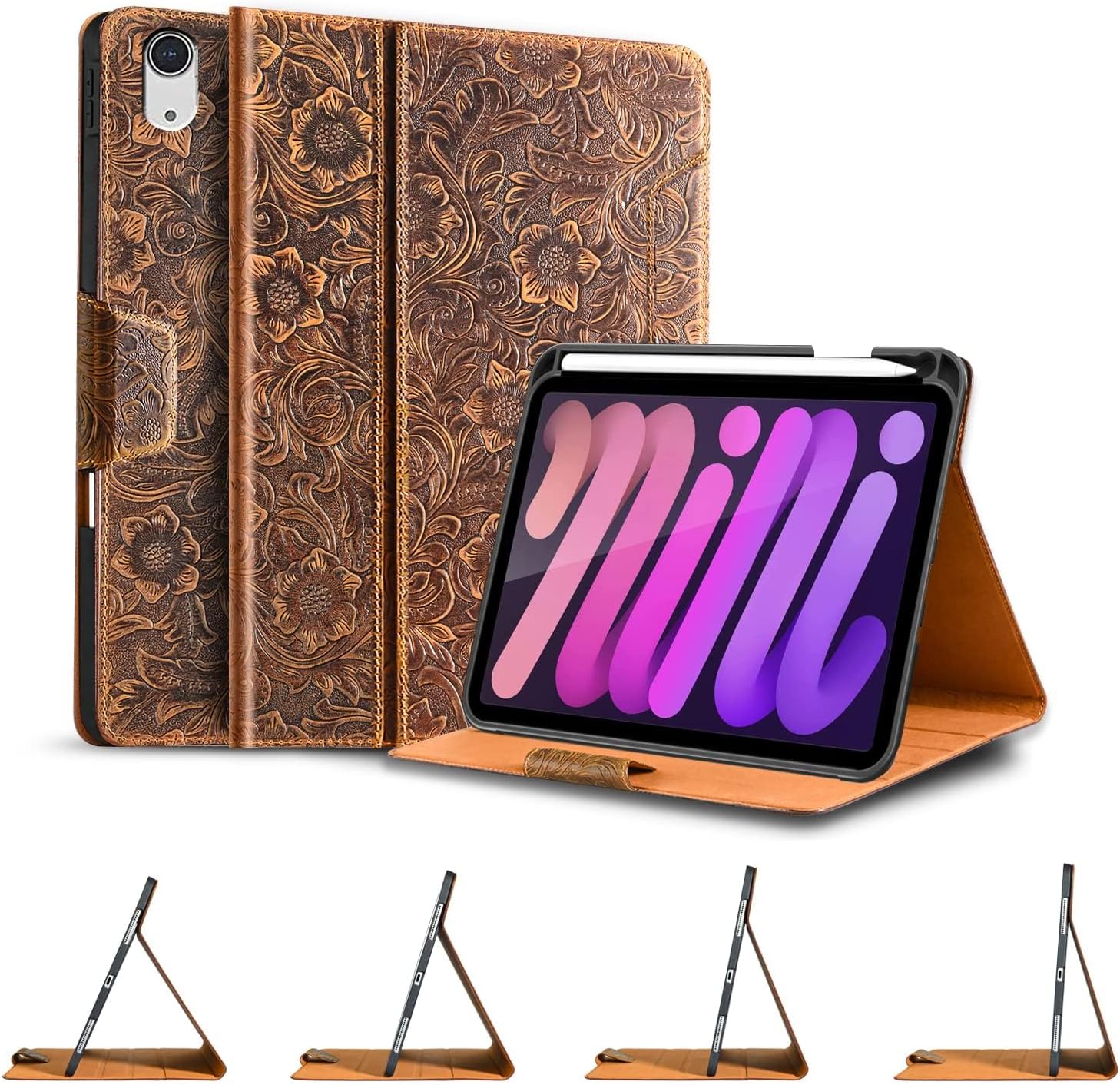 Genuine Leather Case for iPad Mini 7 and 6 with Pencil Holder