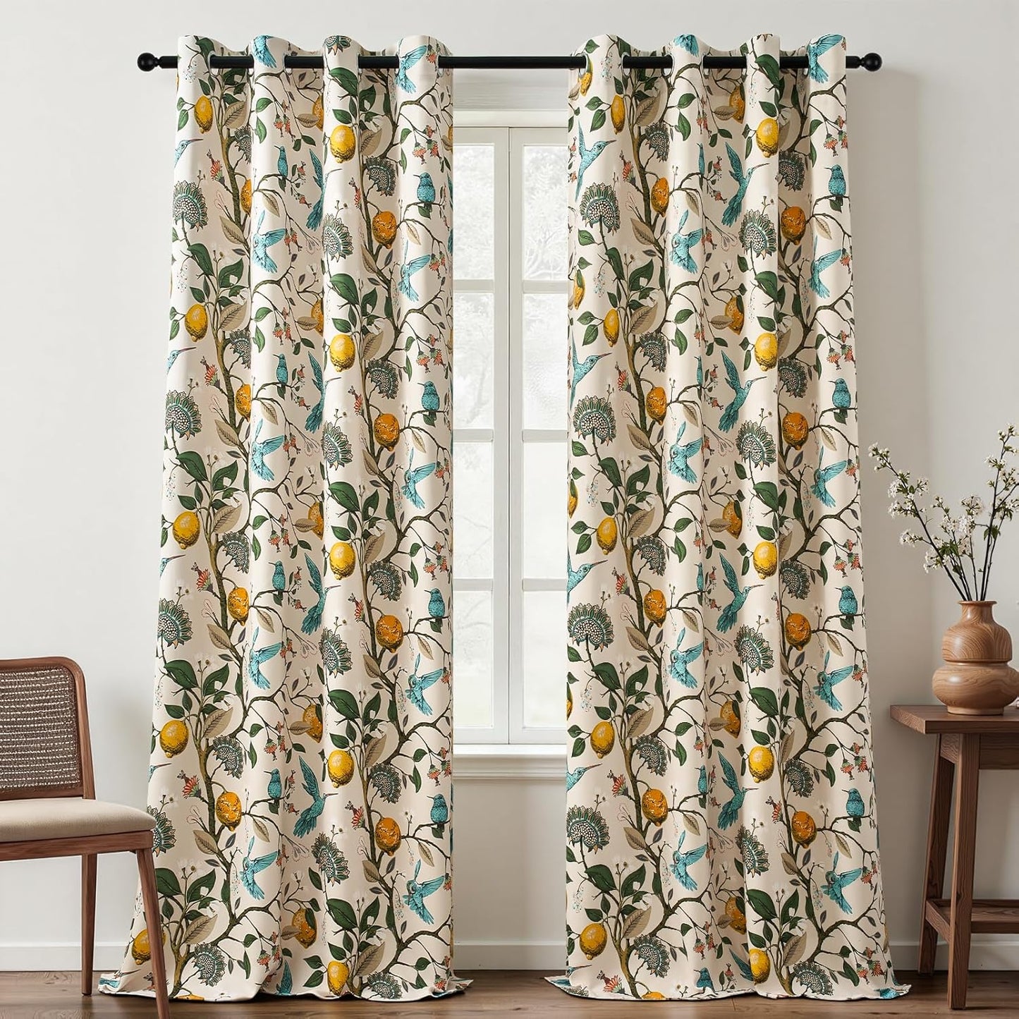 Topfinel Floral Curtains 90 Inches Long with Hummingbird Design