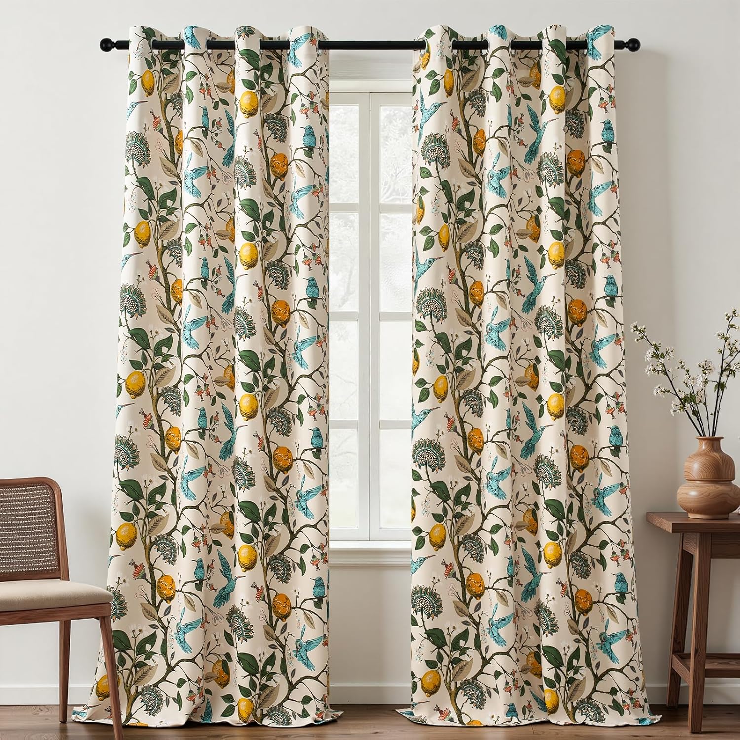 Topfinel Floral Curtains 90 Inches Long with Hummingbird Design