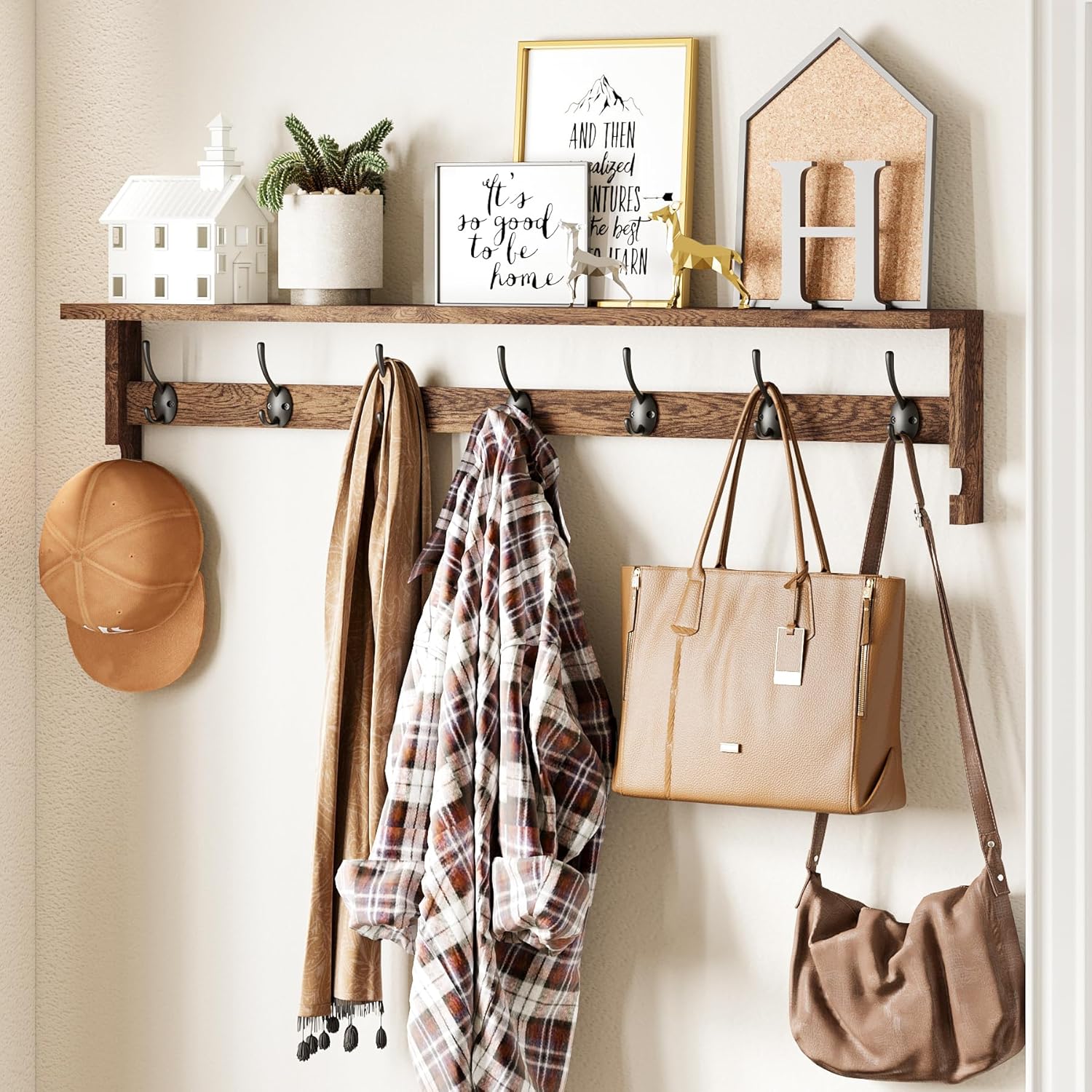 AMBIRD Coat Rack Wall Mount with Extra Long Hooks and Shelf