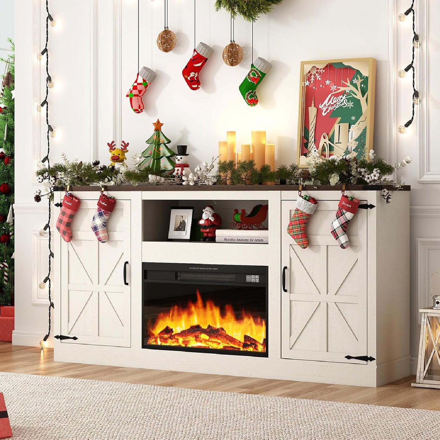 Rustic White Fireplace TV Stand for 75 TVs