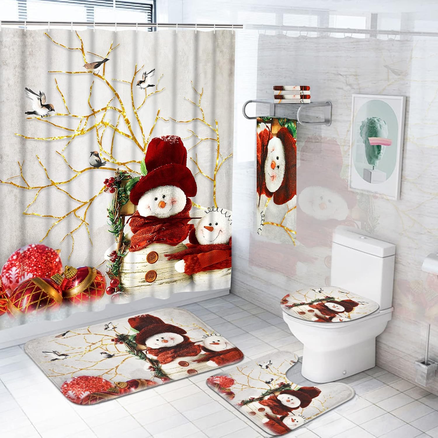Xmas Snowman 7 Pc Bathroom Set w/ Non-Slip Rugs & Towels