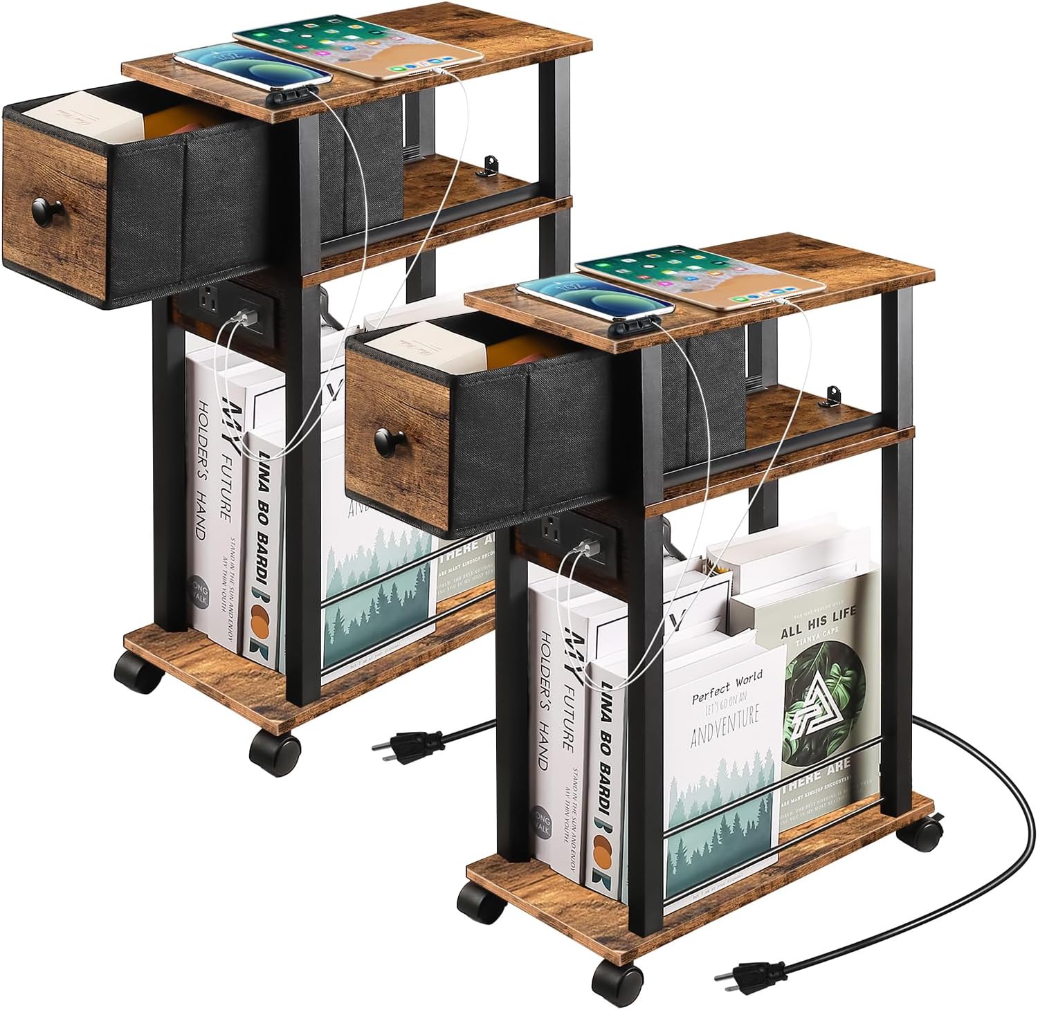 Side Table Set of 2 with Charging Station for Small Spaces
