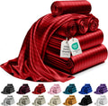 Satin King Size Bed Sheets Striped Red - Luxury 6 Piece Set