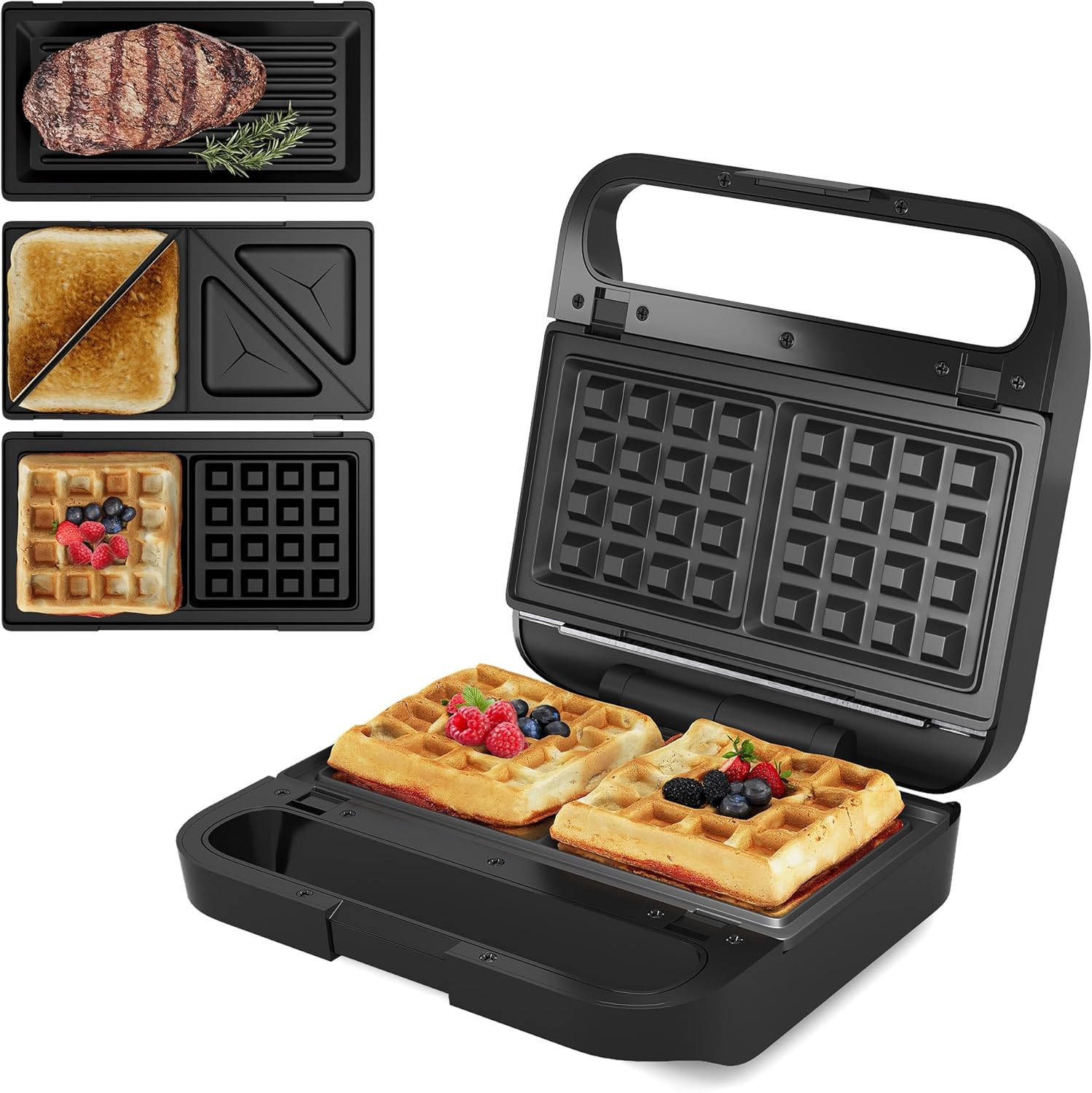 3-in-1 Electric Waffle Maker & Panini Press - Easy Clean, Non-stick Plates