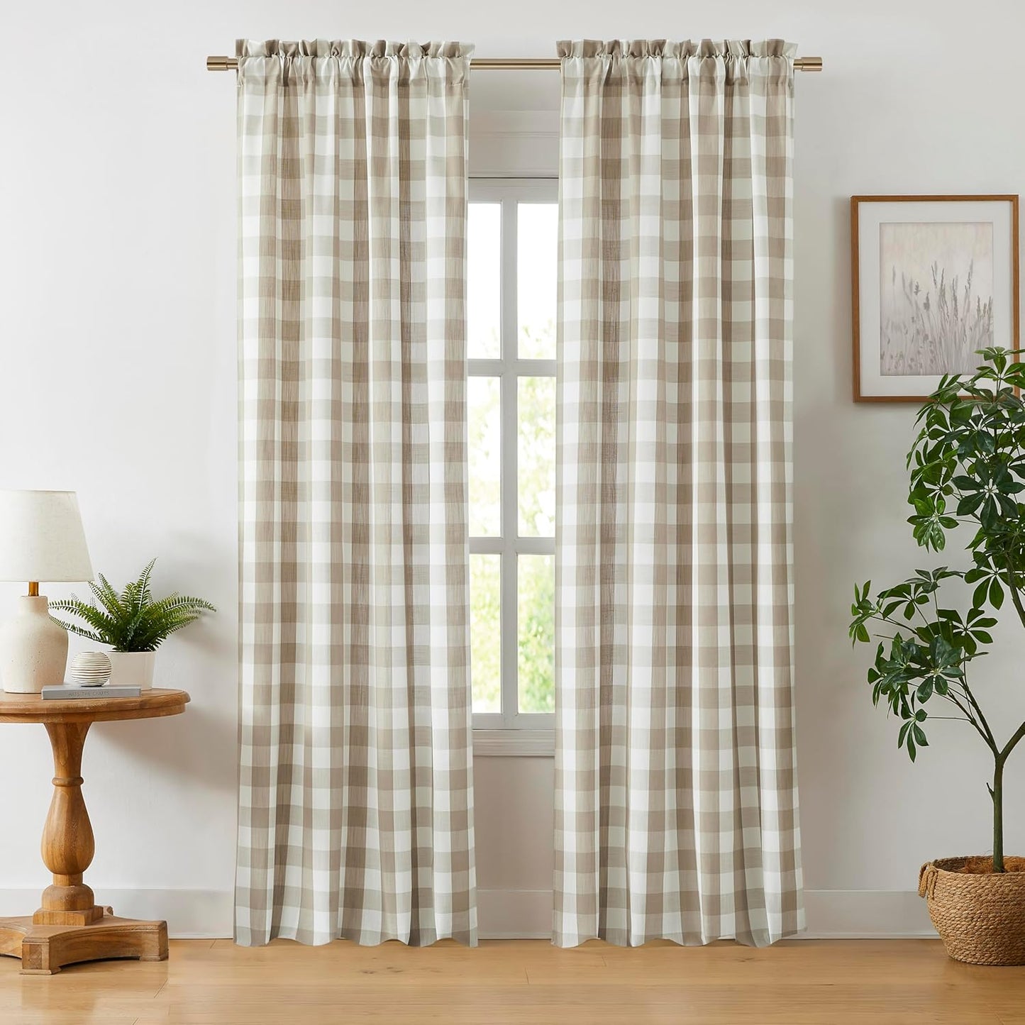 Beige Buffalo Plaid Check Curtain Panels for Rustic Decor