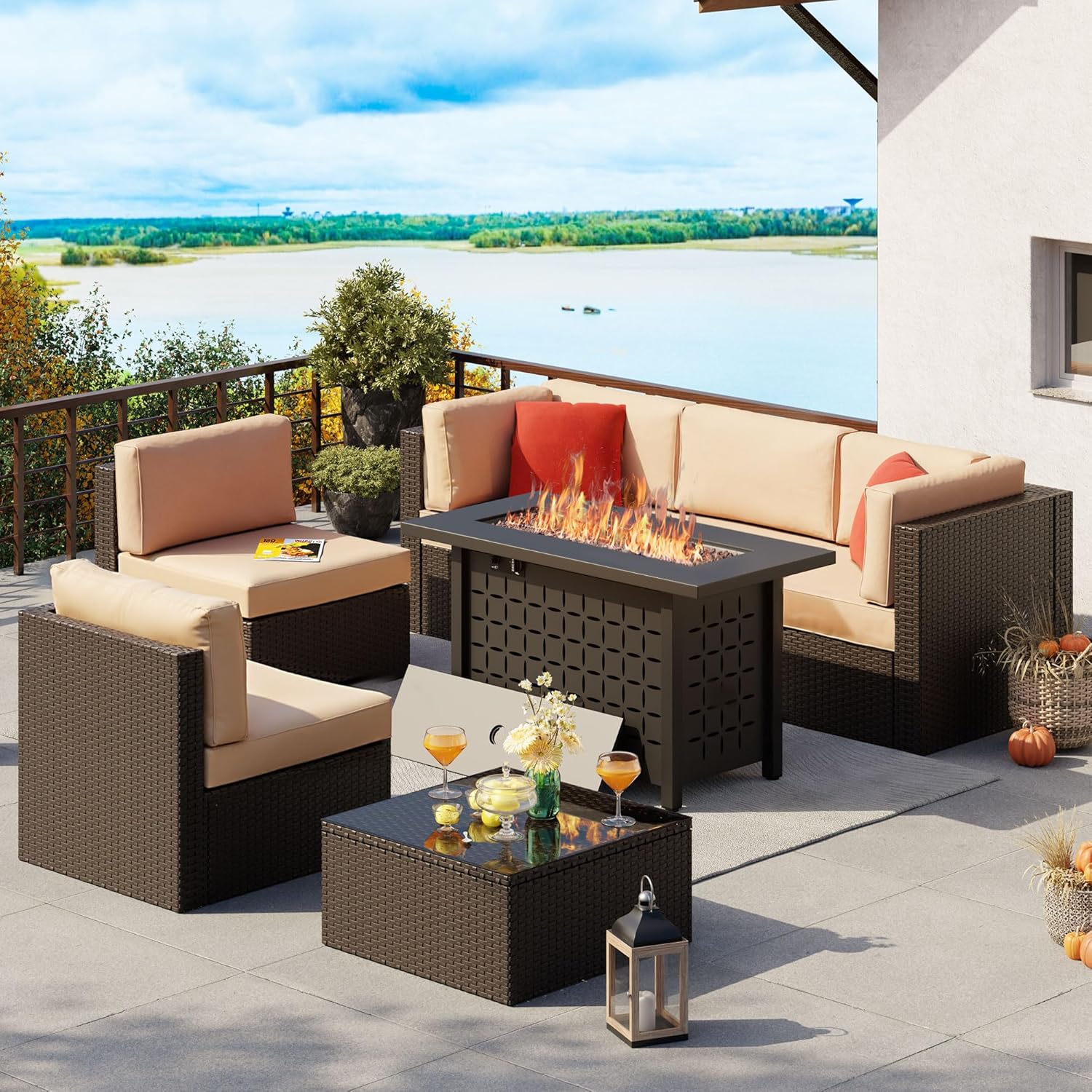 Vongrasig 7 Piece Patio Furniture Set with Fire Pit Table