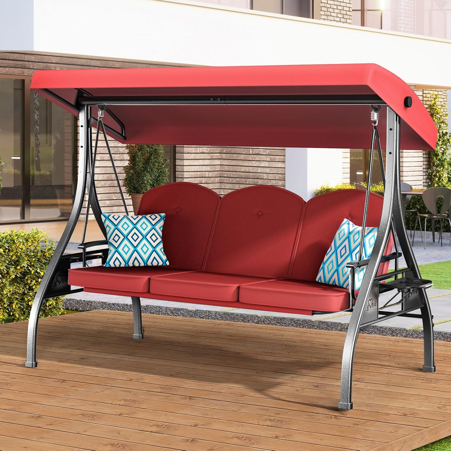 3 Seat Outdoor Porch Patio Swing with Adjustable Canopy & Cushions