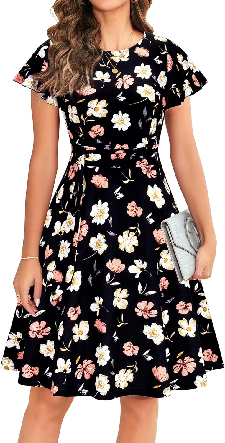 Elegant Ruffle Sleeve Flared A Line Swing Dress for Women