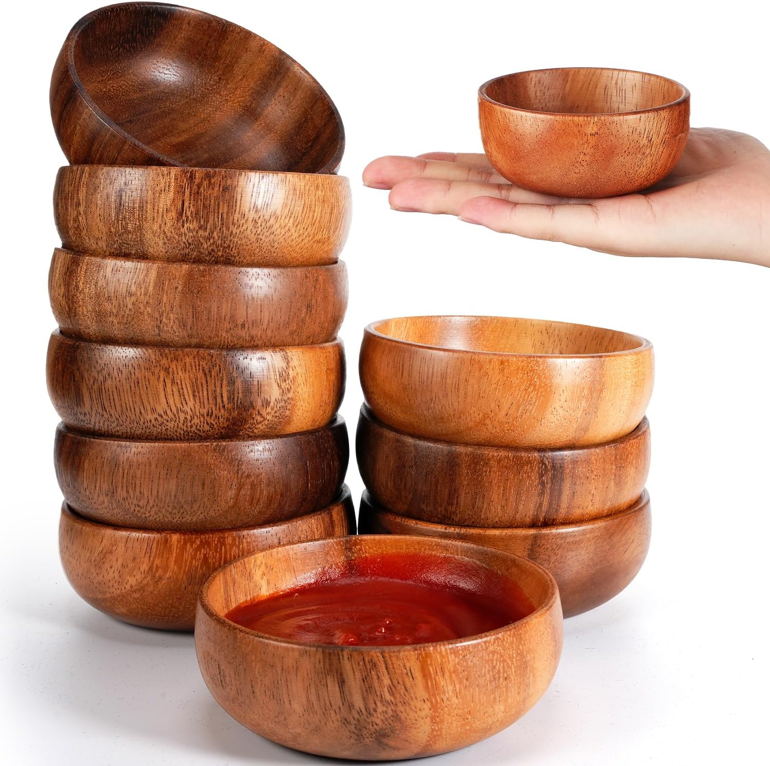 Skylety 10 Pcs Acacia Wooden Bowls for Serving Snacks and Dips