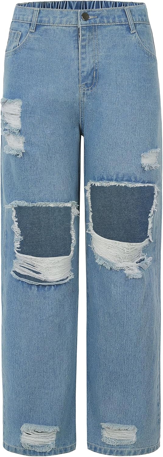 EXARUS Girls Ripped High Waist Wide Leg Jeans for Casual Style