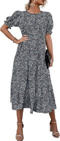 Summer Floral Boho Midi Sun Dress - Flowy Puff Sleeve Sundress Dresses