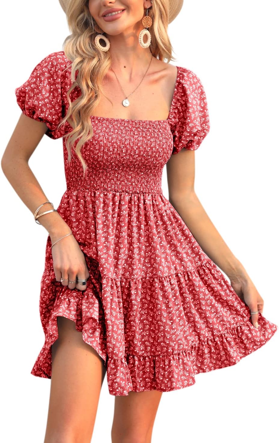 Veatzaer Women's Puff Sleeve Square Neck Smocked Dress Review