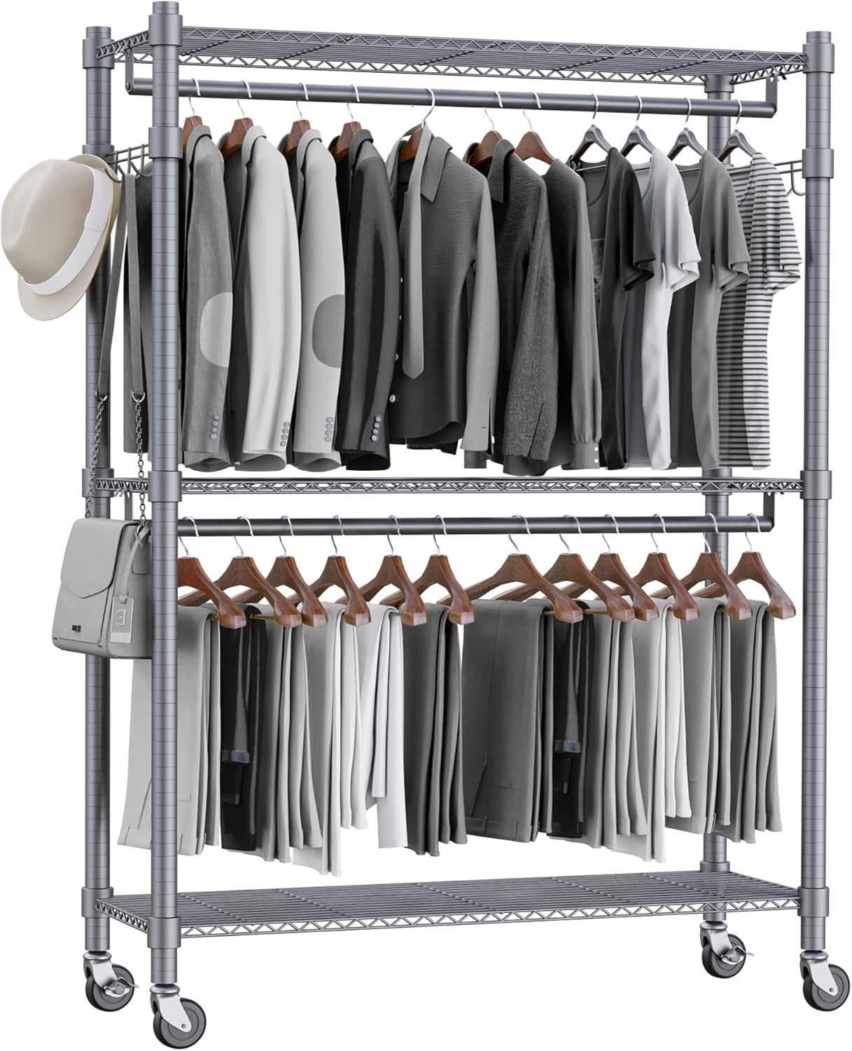 Homdox Rolling Clothes Rack with Adjustable Shelving and Hooks