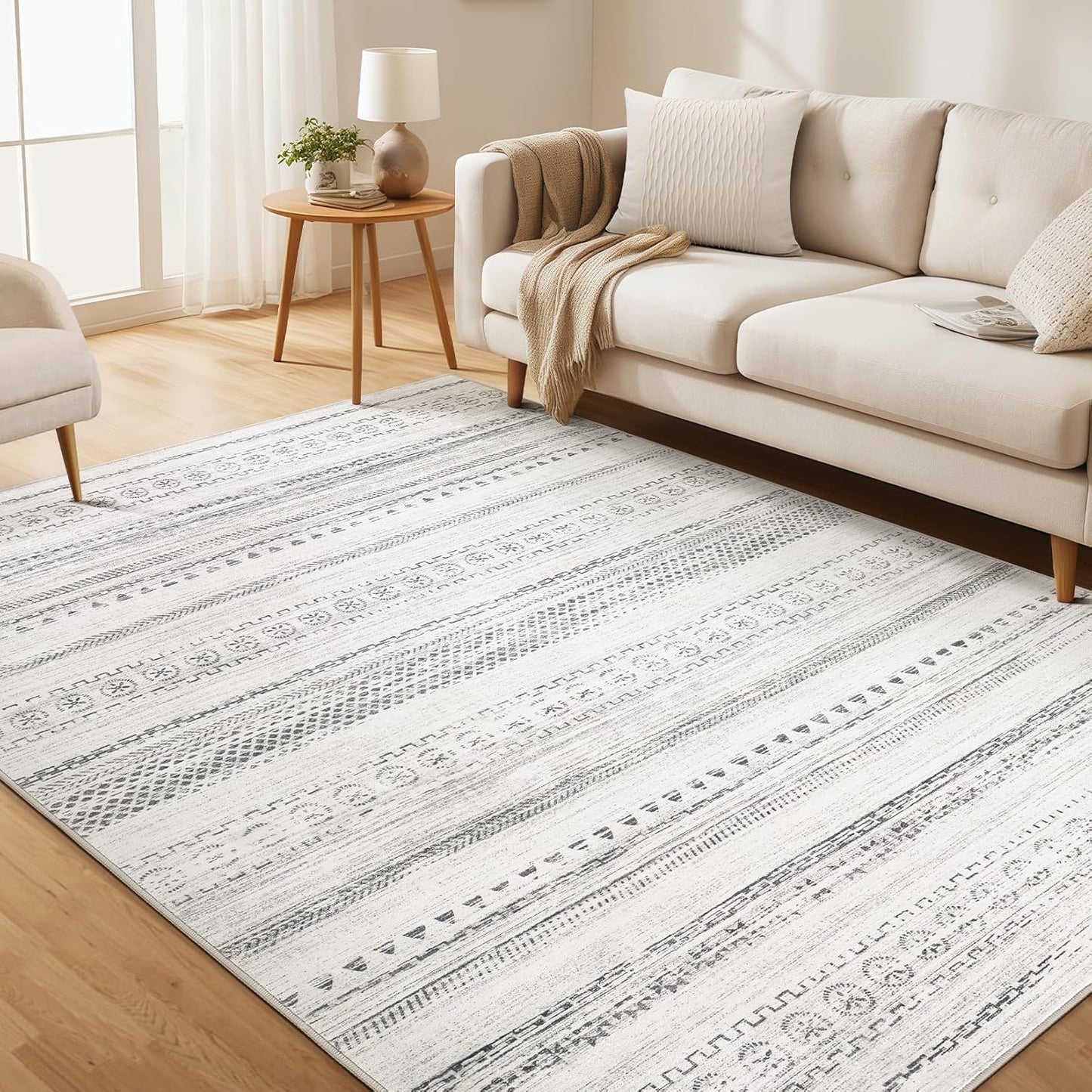 Boho Farmhouse Washable Rug - Stylish 5x7 Soft Grey