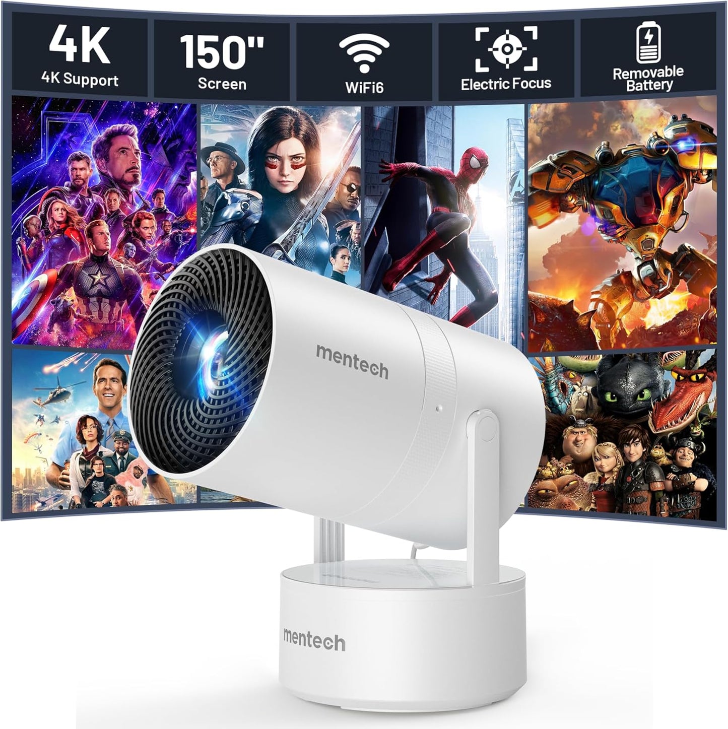 Portable Smart Mini Projector - 4K Decoding, 1080P, WiFi, Bluetooth, Rotatable Screen