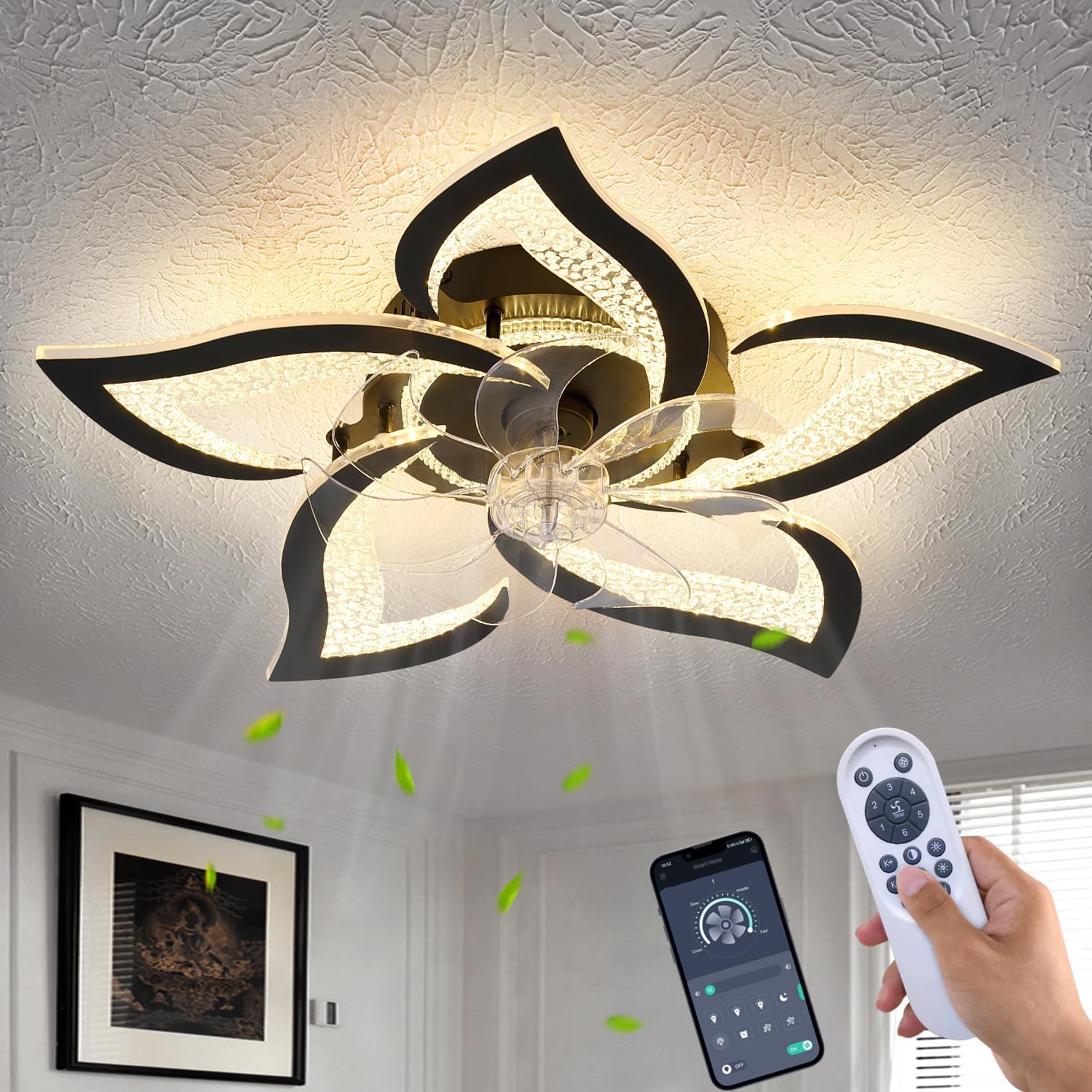 27 in Black Geometric Ceiling Fan Lights with Remote Control