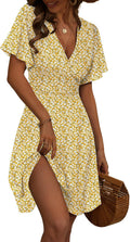 Womens Sundress Summer Floral Wrap V Neck A-Line Midi Dress FENSACE