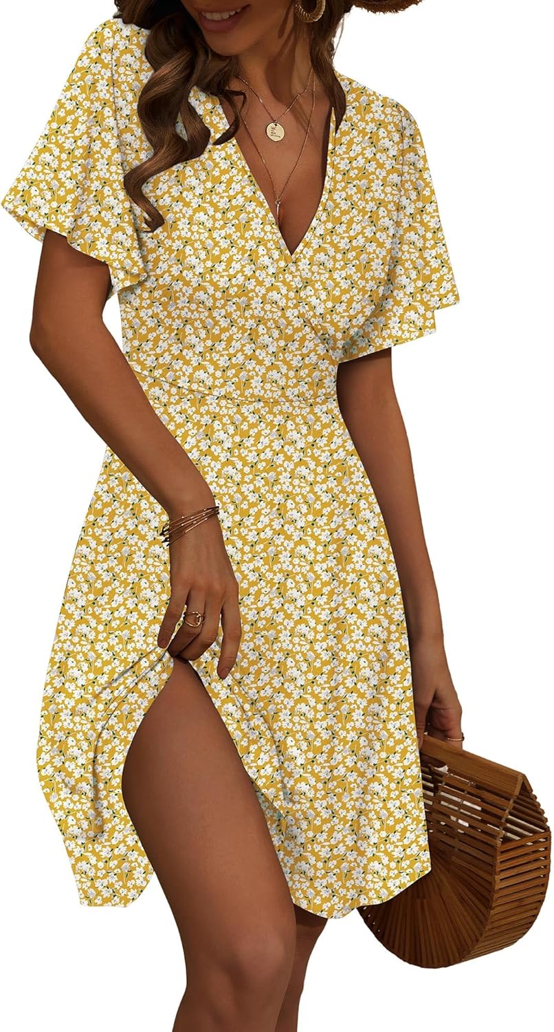 FENSACE Womens Sundress Summer Floral Short Sleeve Wrap Dress
