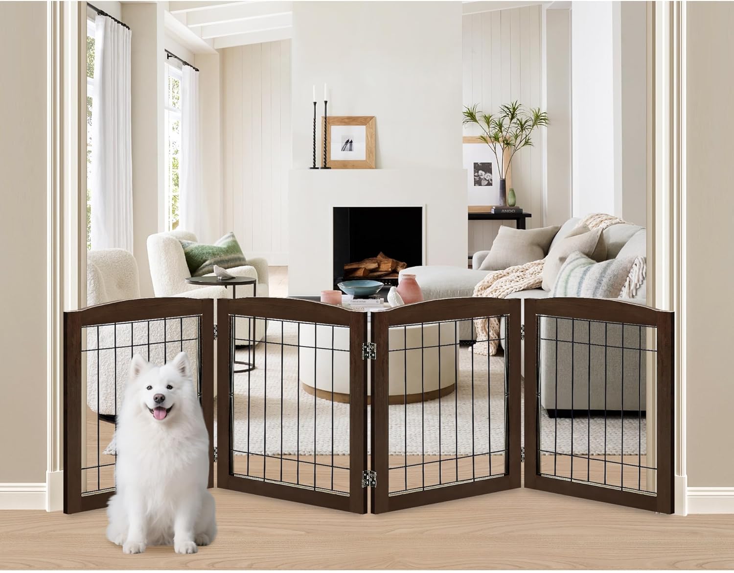 LZRS 4-Panel Extra-Wide Wooden Freestanding Dog Gate for Pets
