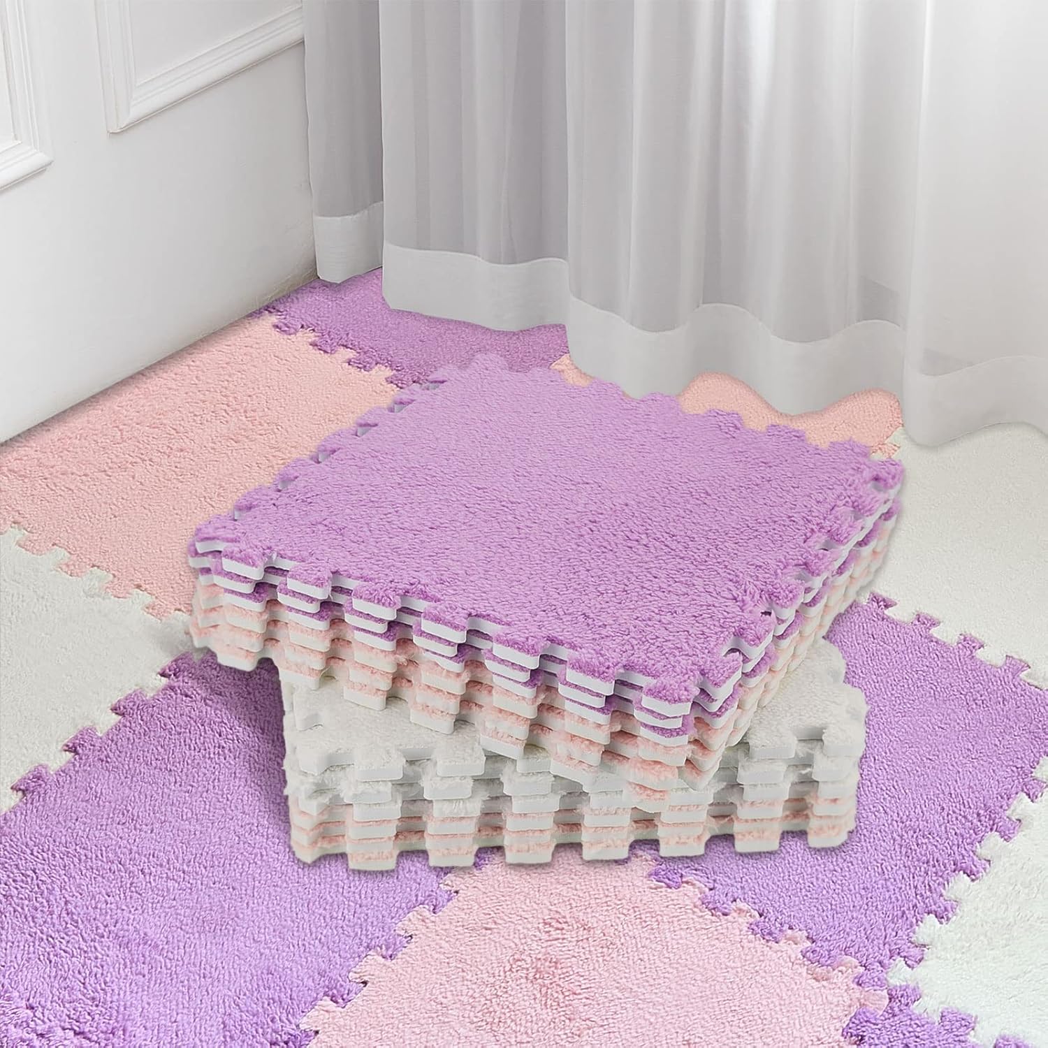 18 Pcs Plush Foam Floor Mat Interlocking Carpet Tiles for Kids