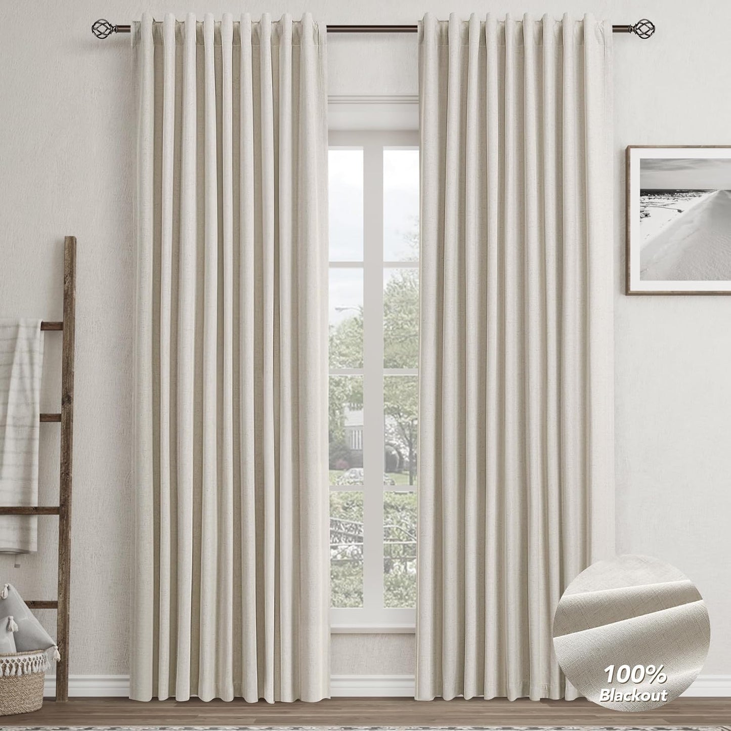 Nanspring 52x84 Grey Beige Blackout Curtains - Farmhouse Thermal Insulated Darkening Drapes