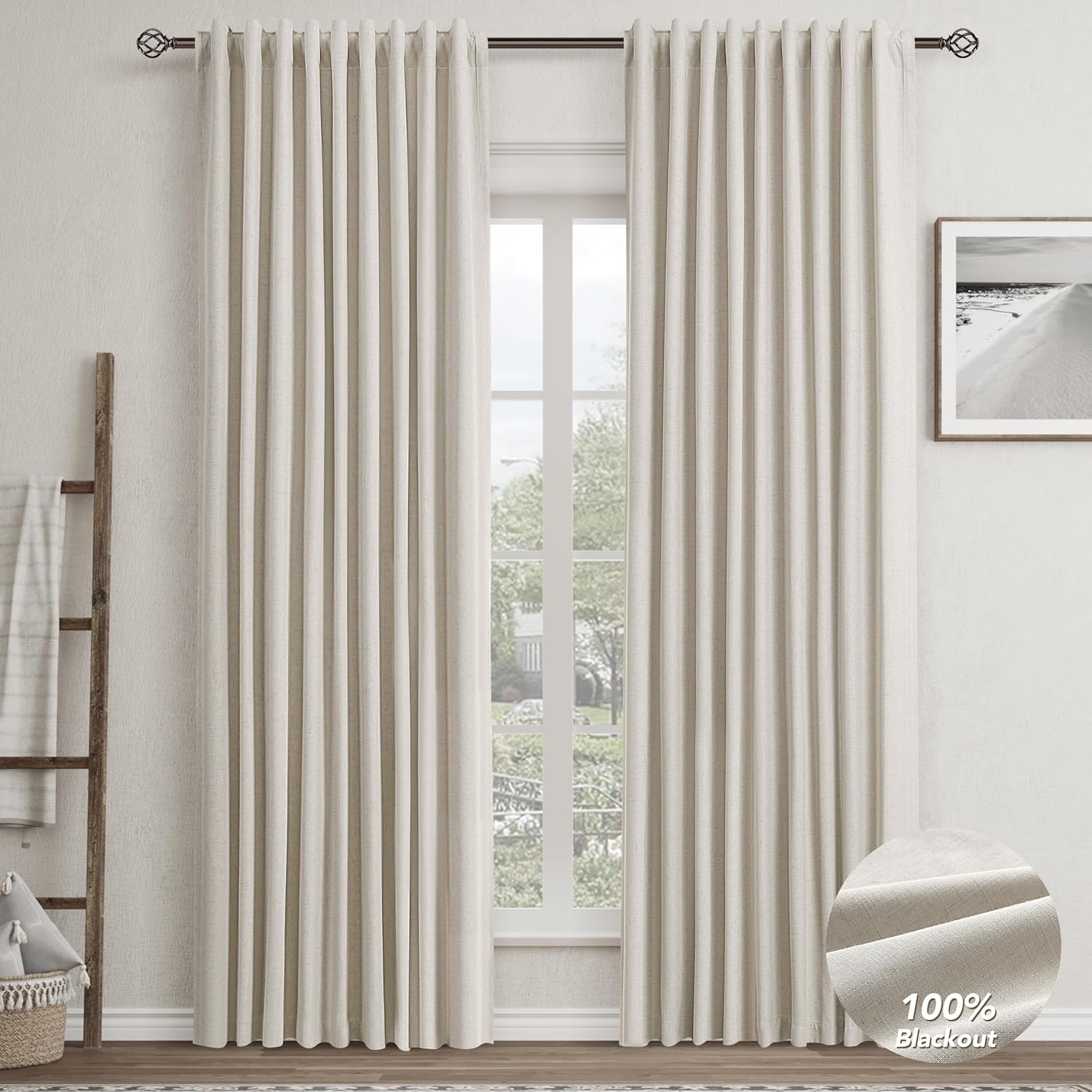 Nanspring 52x84 Grey Beige Blackout Curtains - Farmhouse Thermal Insulated Darkening Drapes