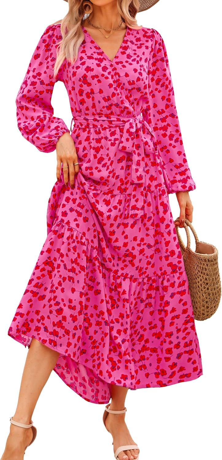 PRETTYGARDEN Womens Spring Long Sleeve Wrap V Neck Maxi Dress