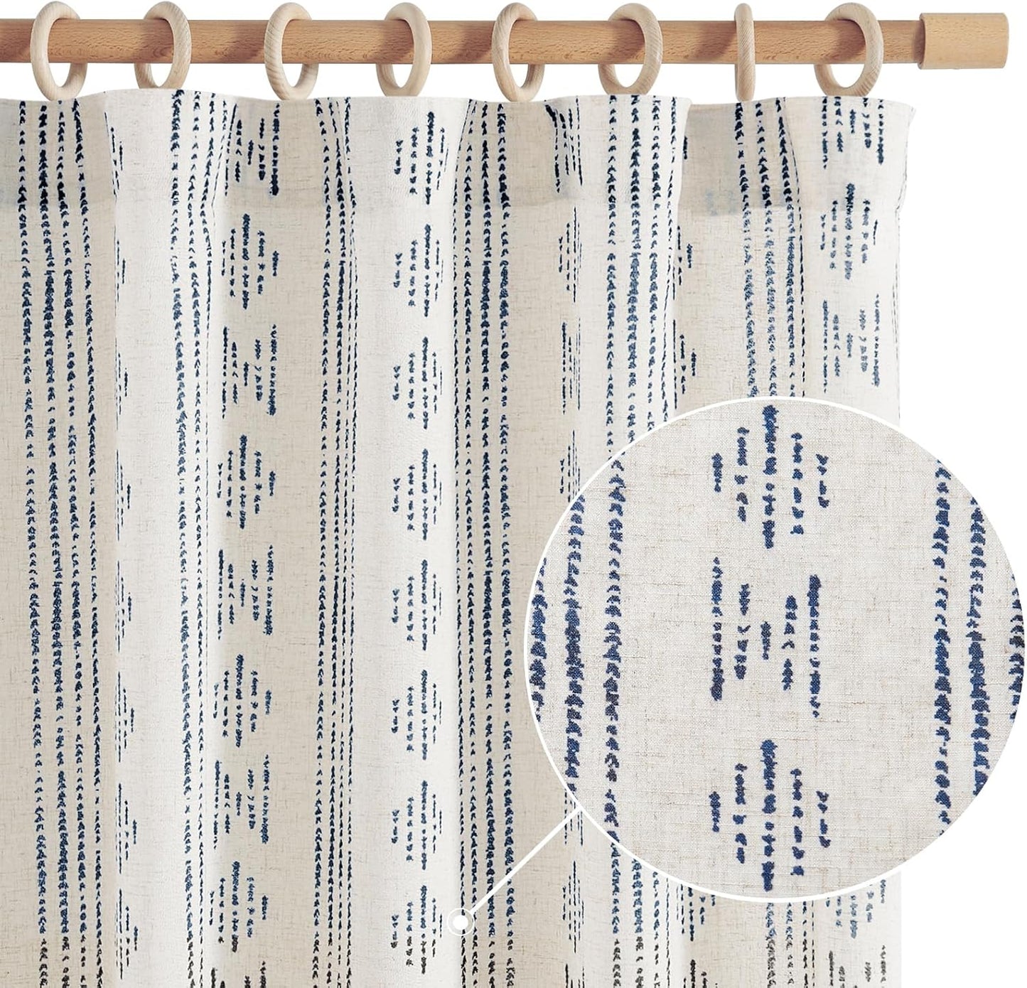 Boho Curtains for Living Room - Blue Striped Light Filtering Drapes