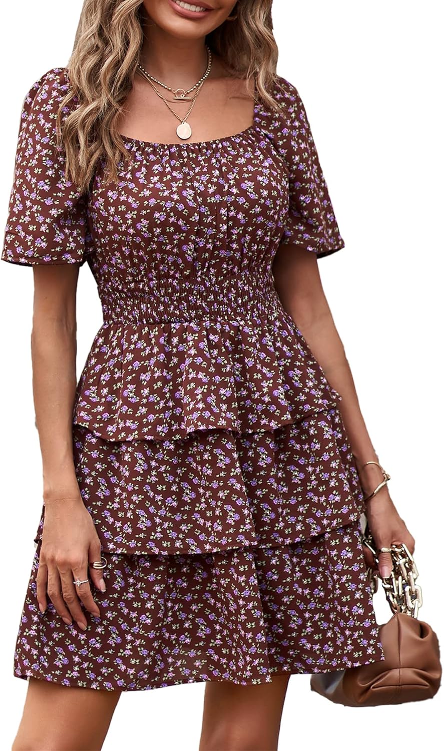 Floral Summer Short Dress with Square Neck and Ruffle Design