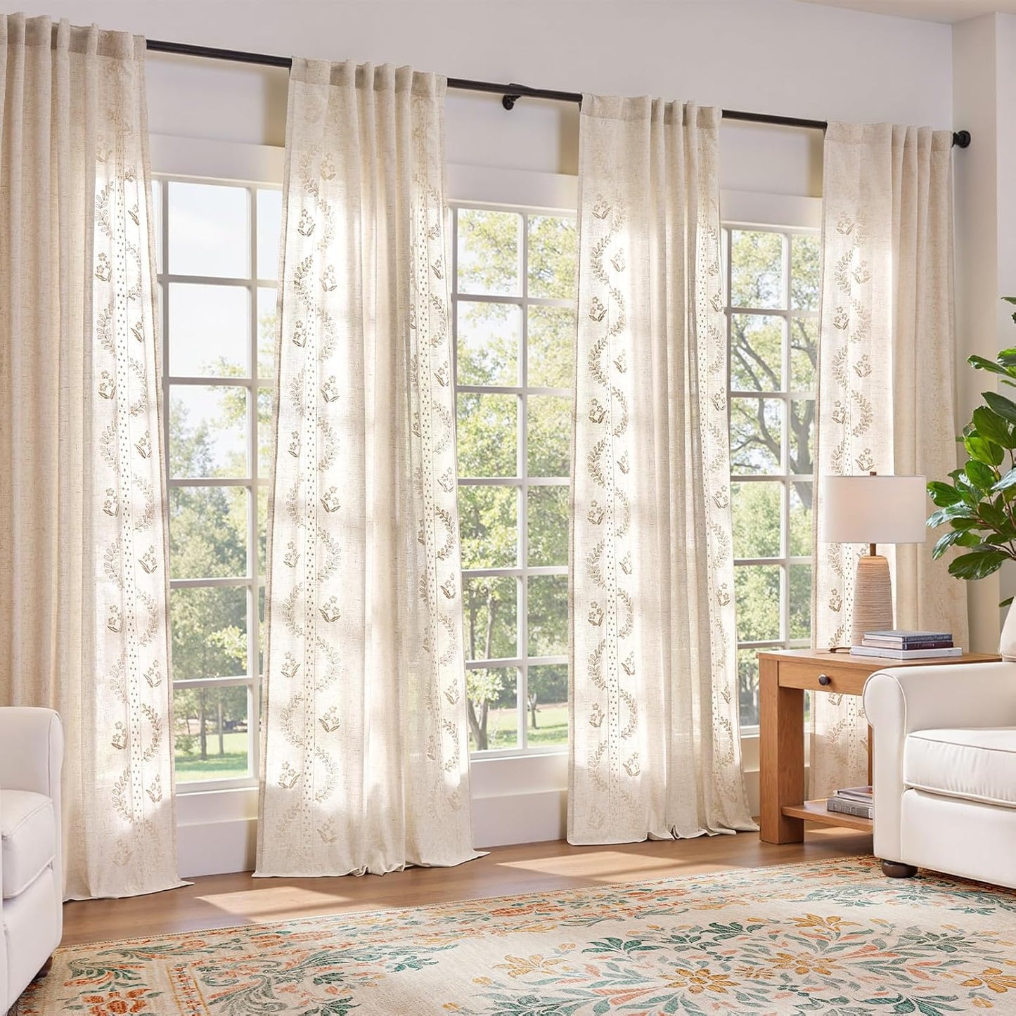 Floral Linen Curtains Set 84 Inch Length for Elegant Decor