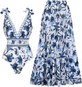 Blue and White Lace Up V Neck One Piece Swimsuit with Skirt FLAXMAKER