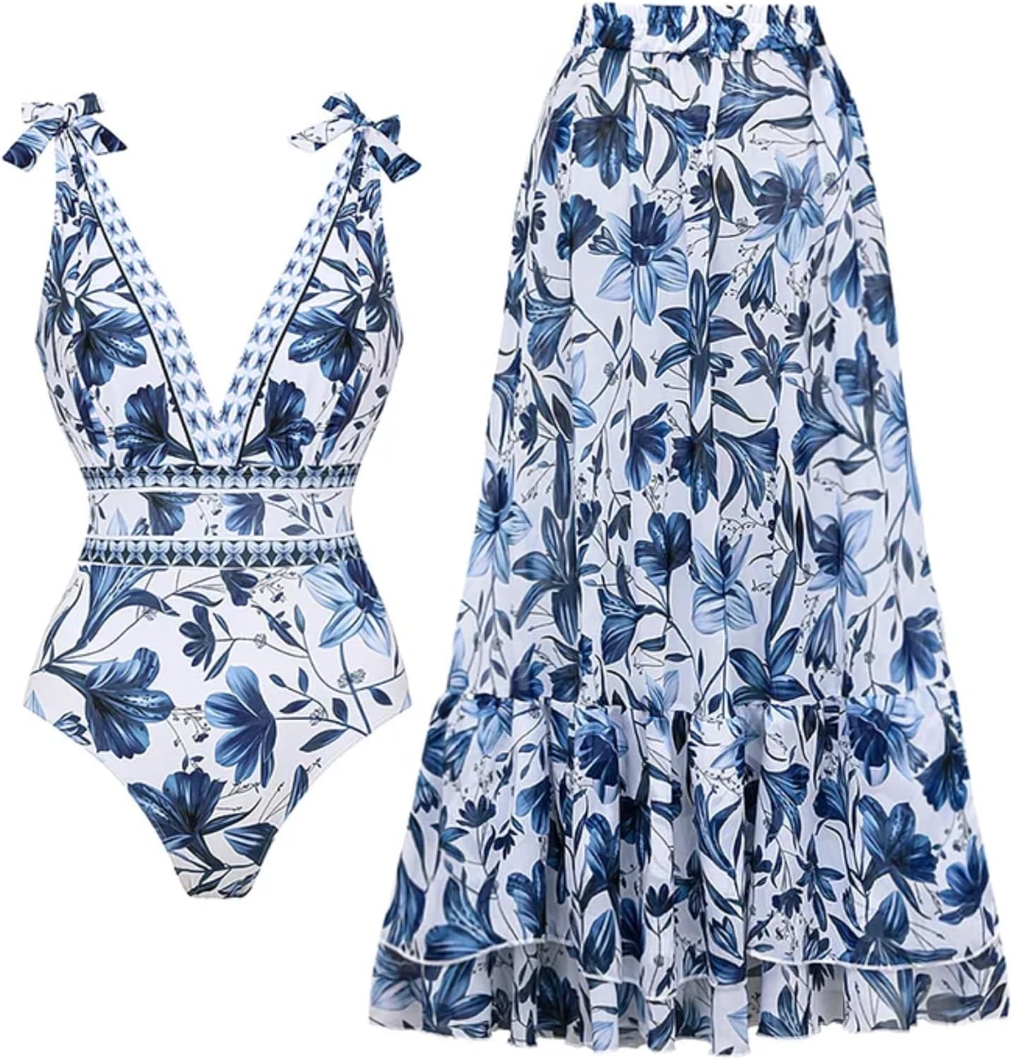 Stylish Blue and White V Neck Lace Up One Piece Swimsuit Set