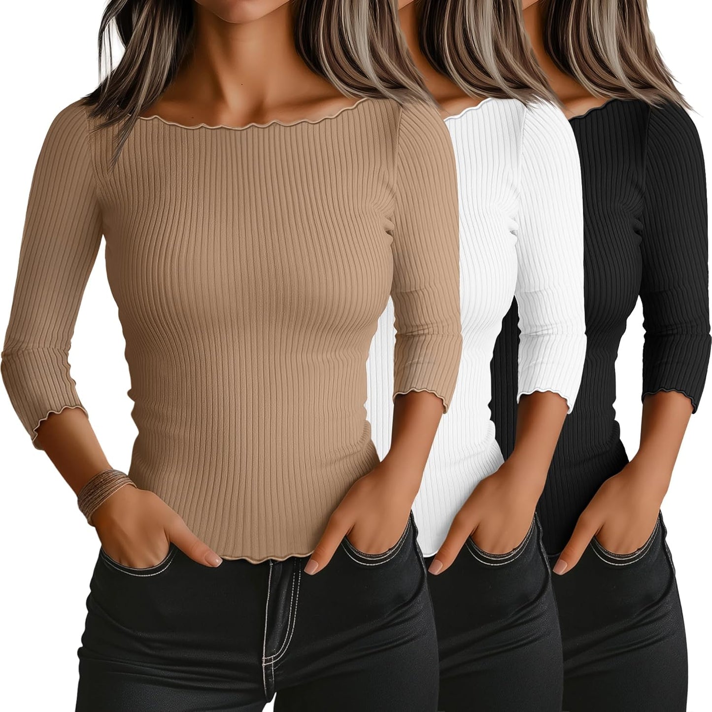 Riyiper Women's 3/4 Length Sleeve Tops with Lettuce Trim Style