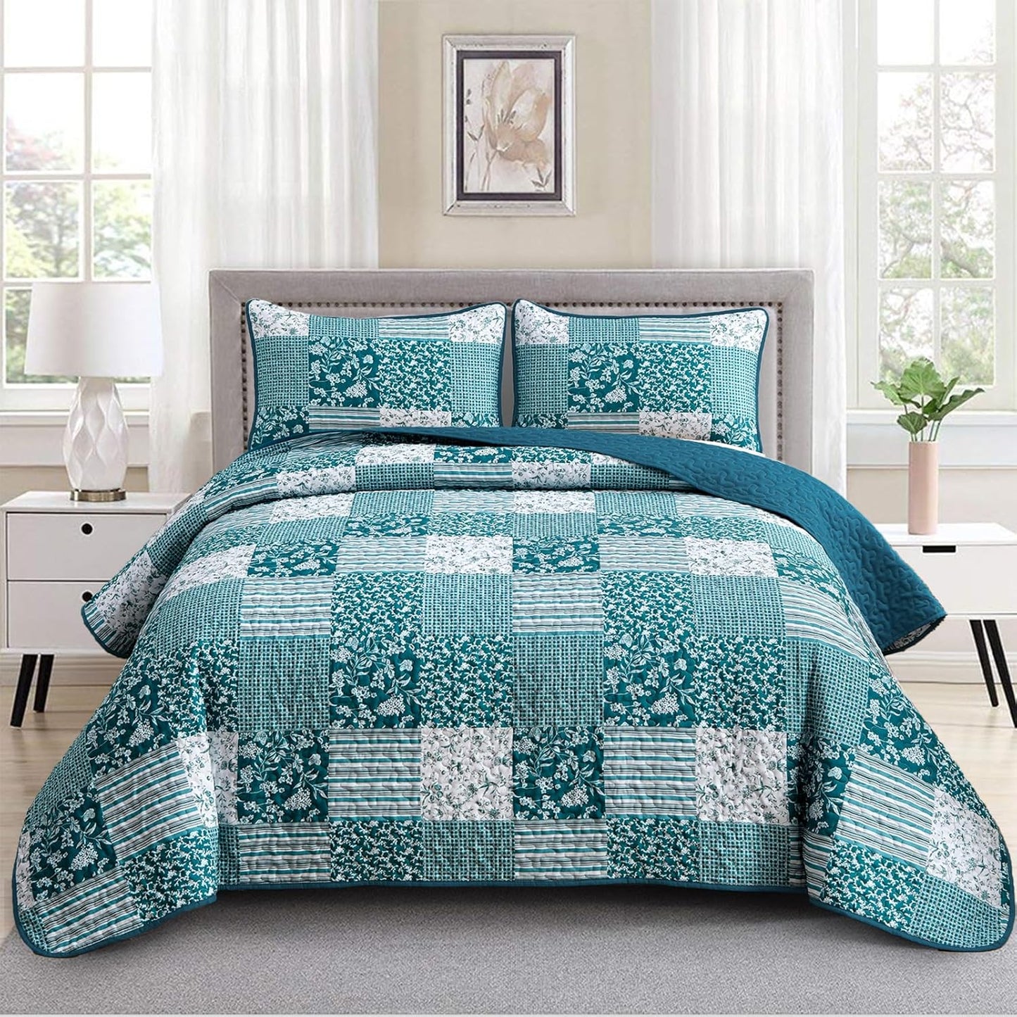 Teal Blue Quilt Set Queen Size for Bohemian Bedroom Decor