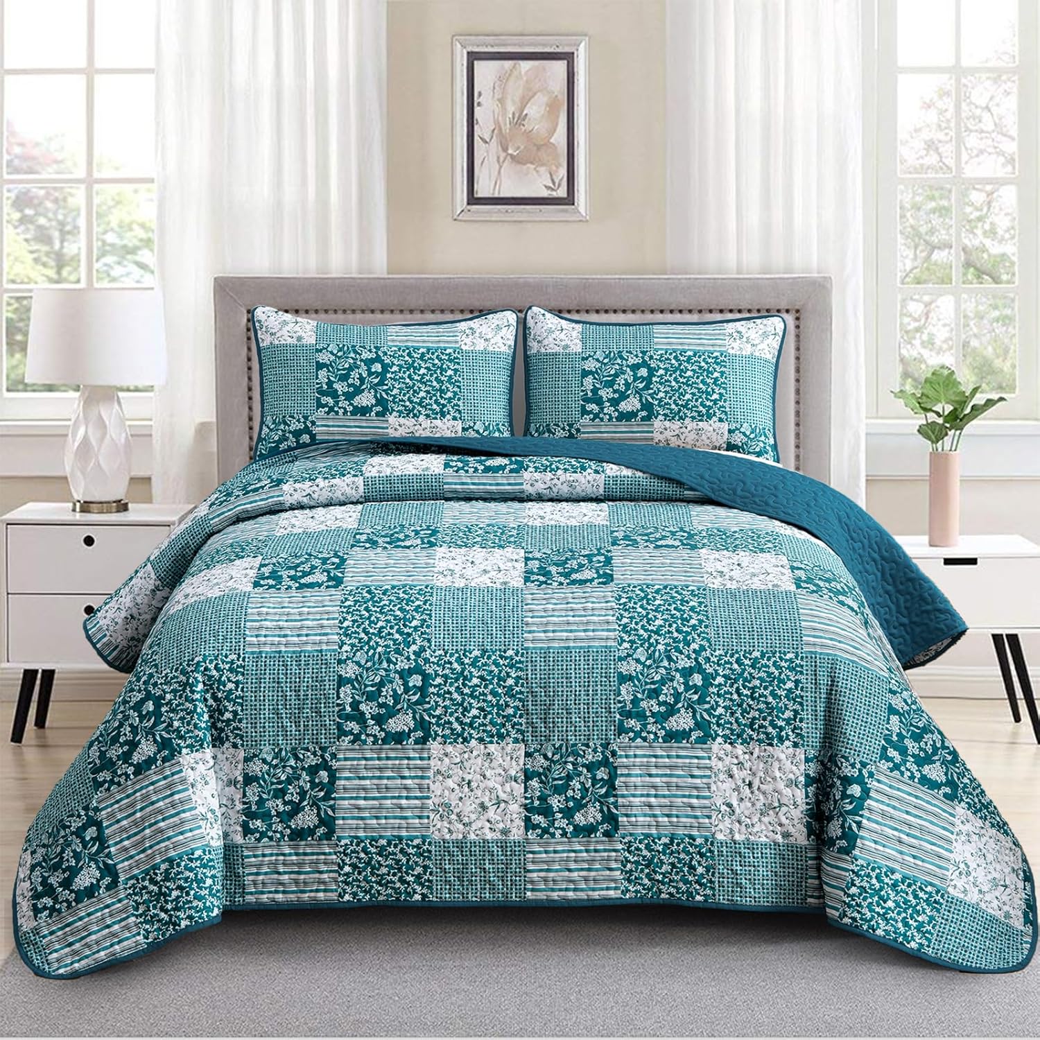 Teal Blue Quilt Set Queen Size for Bohemian Bedroom Decor