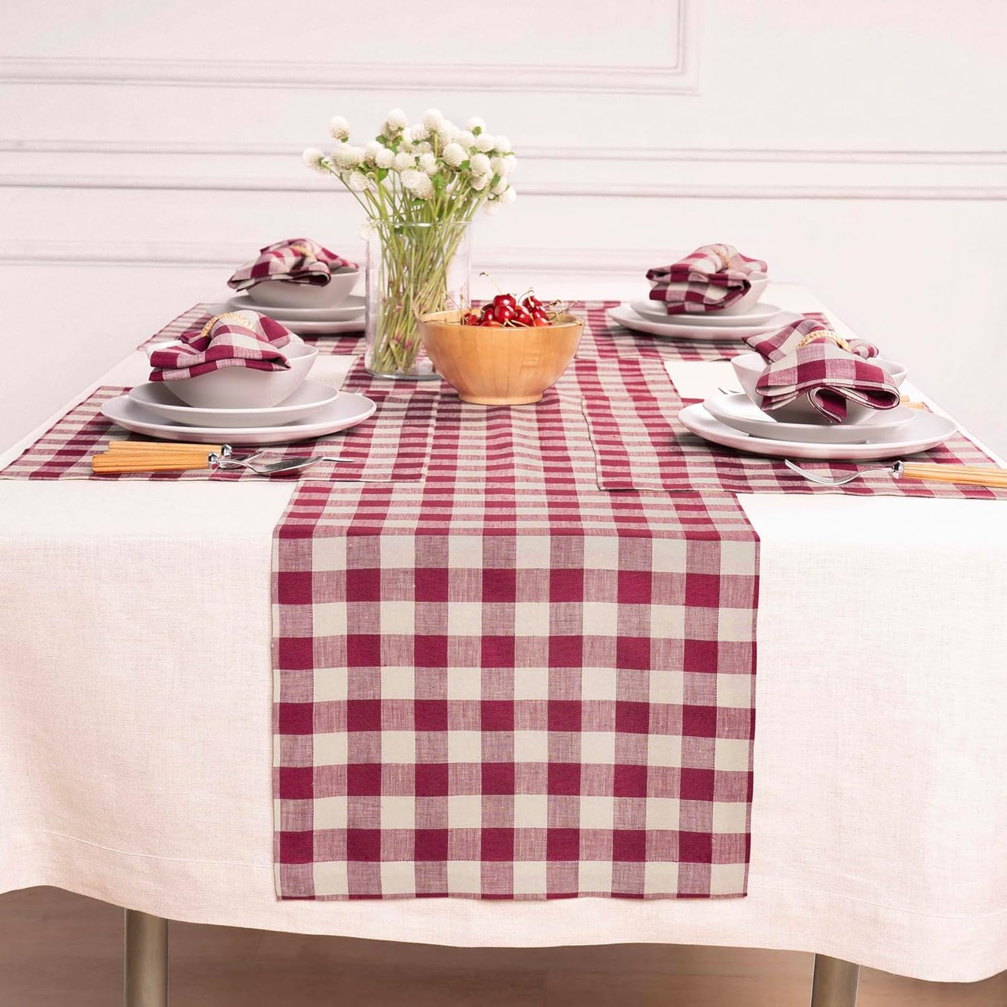 Linen Table Runner 60 Inches - Pure Beet and Cream Design