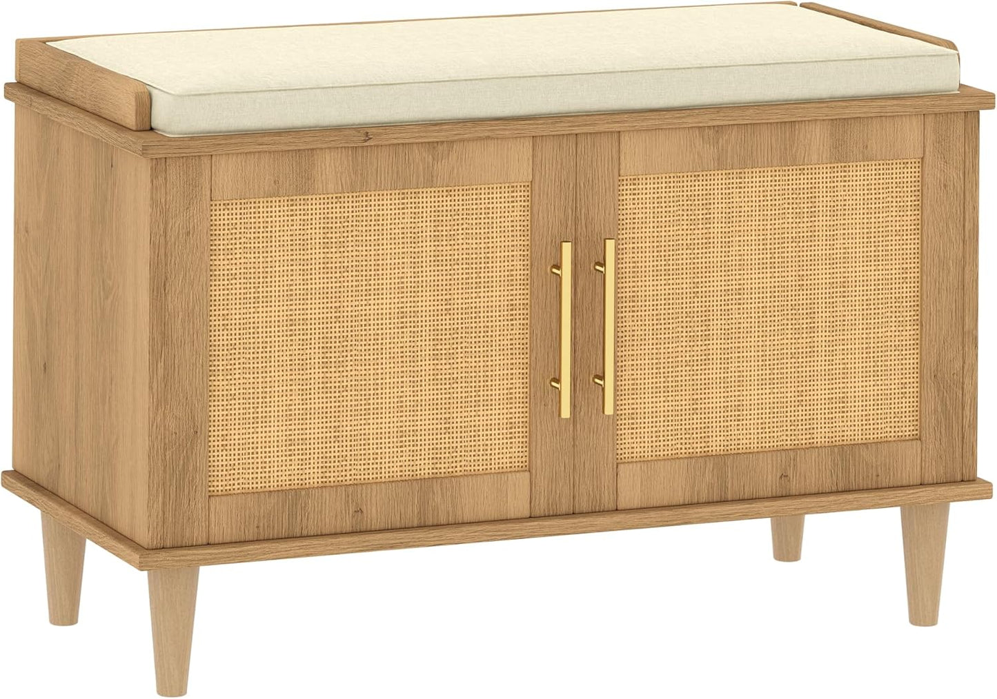 Natural Rattan Shoe Storage Bench with Cushion for Entryway