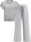 Women Two Piece Crochet Sheer Knit Sweater Top and Wide Leg Pants Set