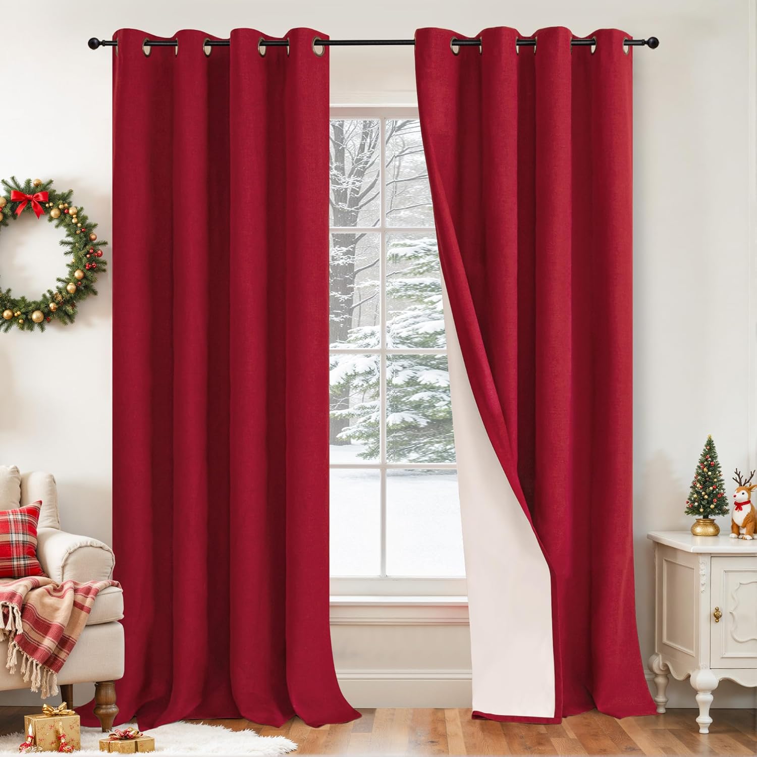 Red Linen Blackout Curtains for Living Room - Thermal Insulated