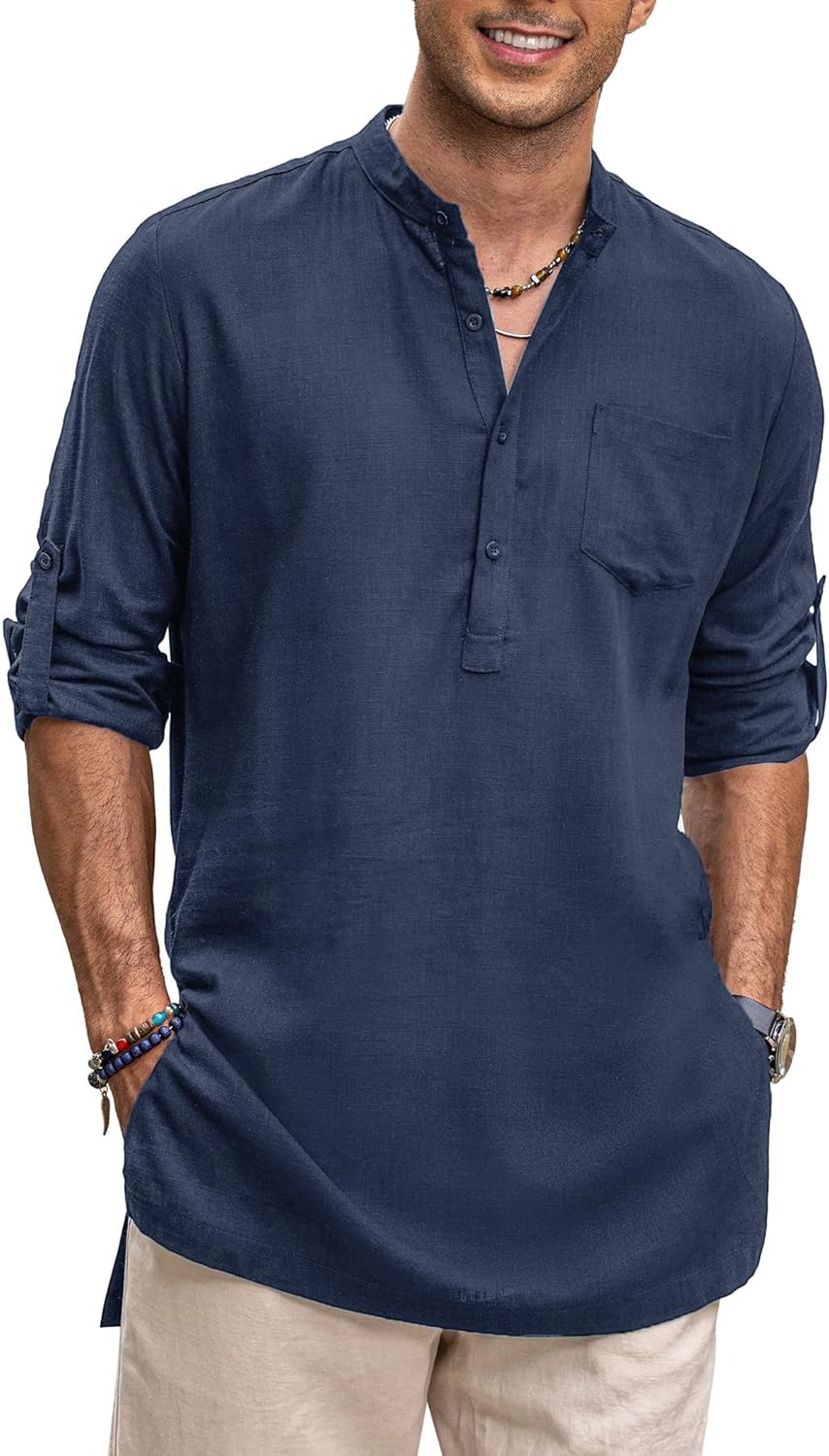 COOFANDY Men's Linen Henley Shirts for Casual Summer Style