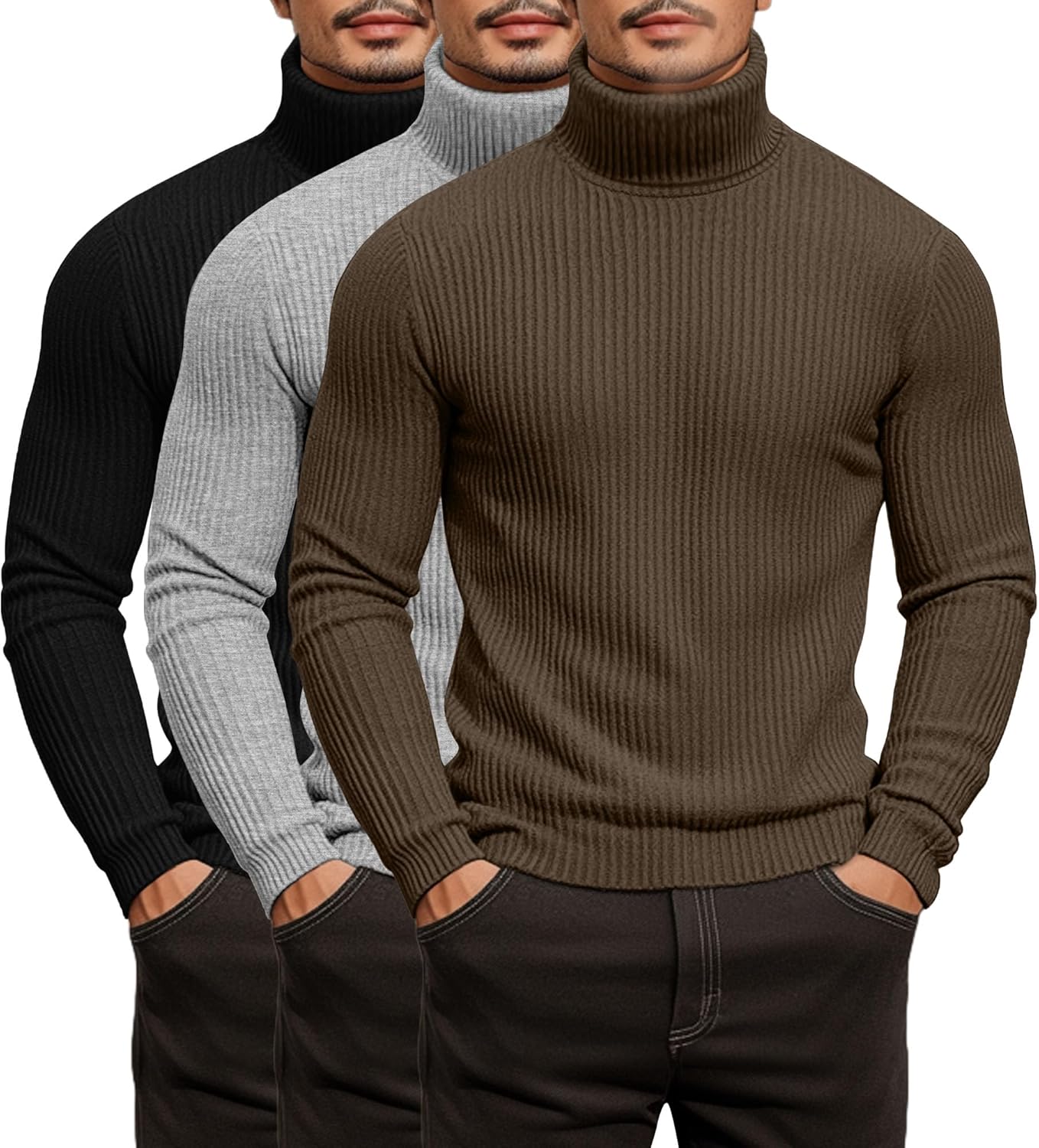 Men's Ribbed Turtleneck Shirts 3 Pack Lightweight Pullover