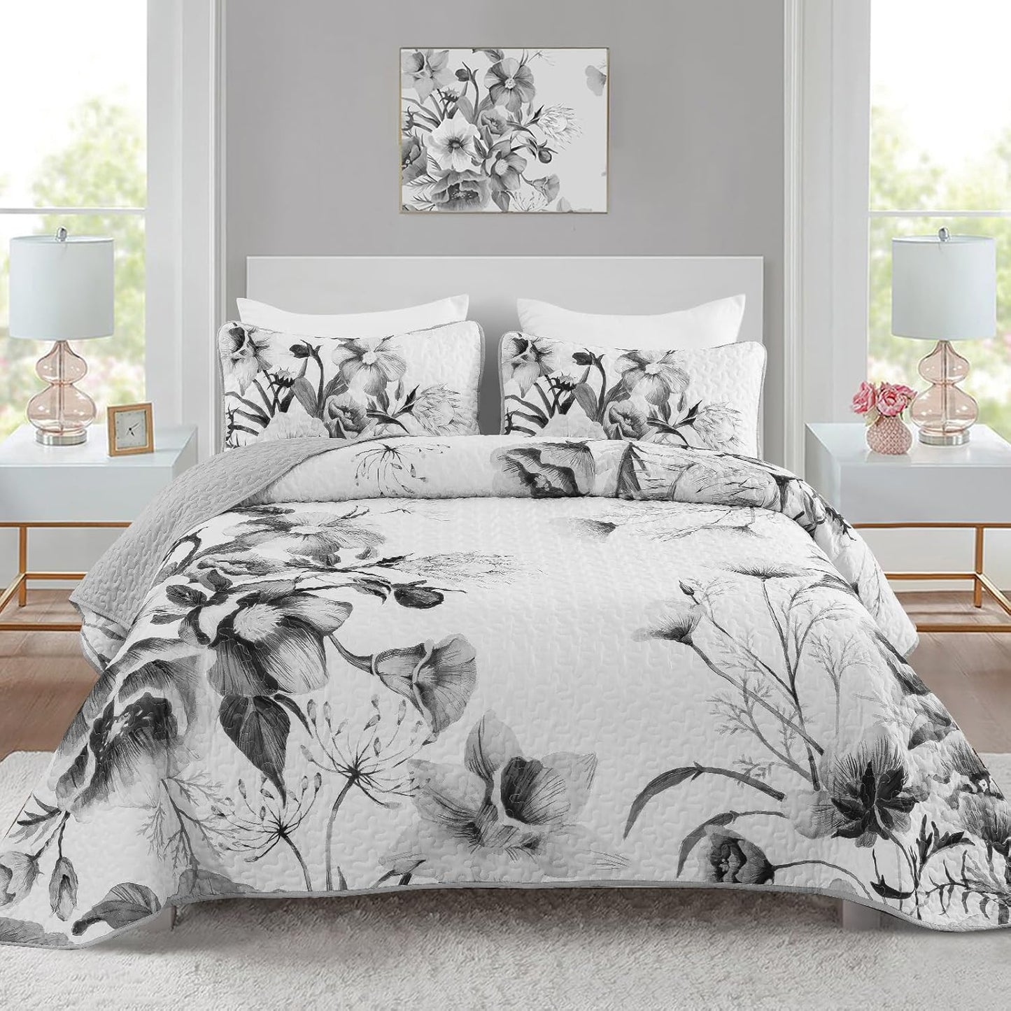 Floral Quilt Set King 3 Pieces Grey Floral Printed Coverlet