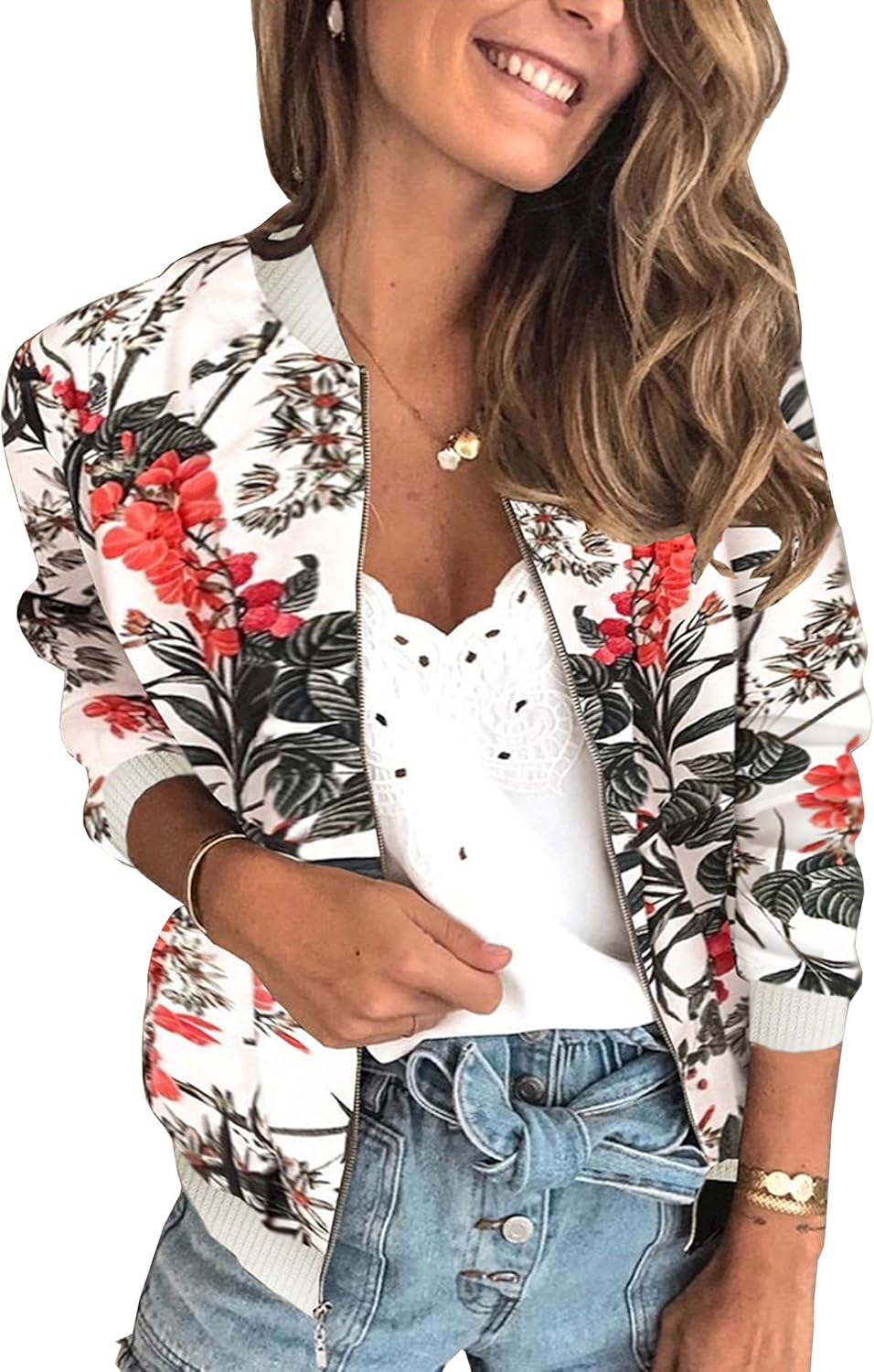 Stylish Floral Zip Up Bomber Jacket for Women by ECOWISH