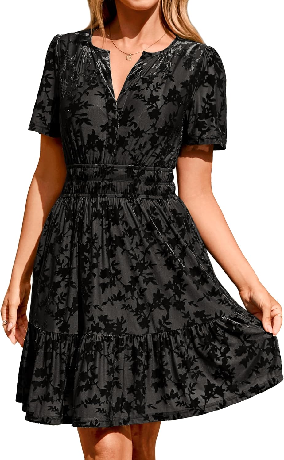 Simplee Women's Velvet Short Sleeve Cocktail Dress with Pockets