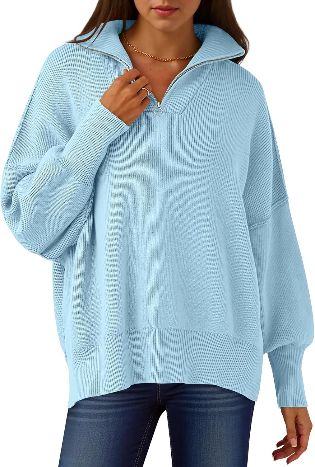 Oversized Fashion Long Sleeve Quarter Zip Sweater for Women