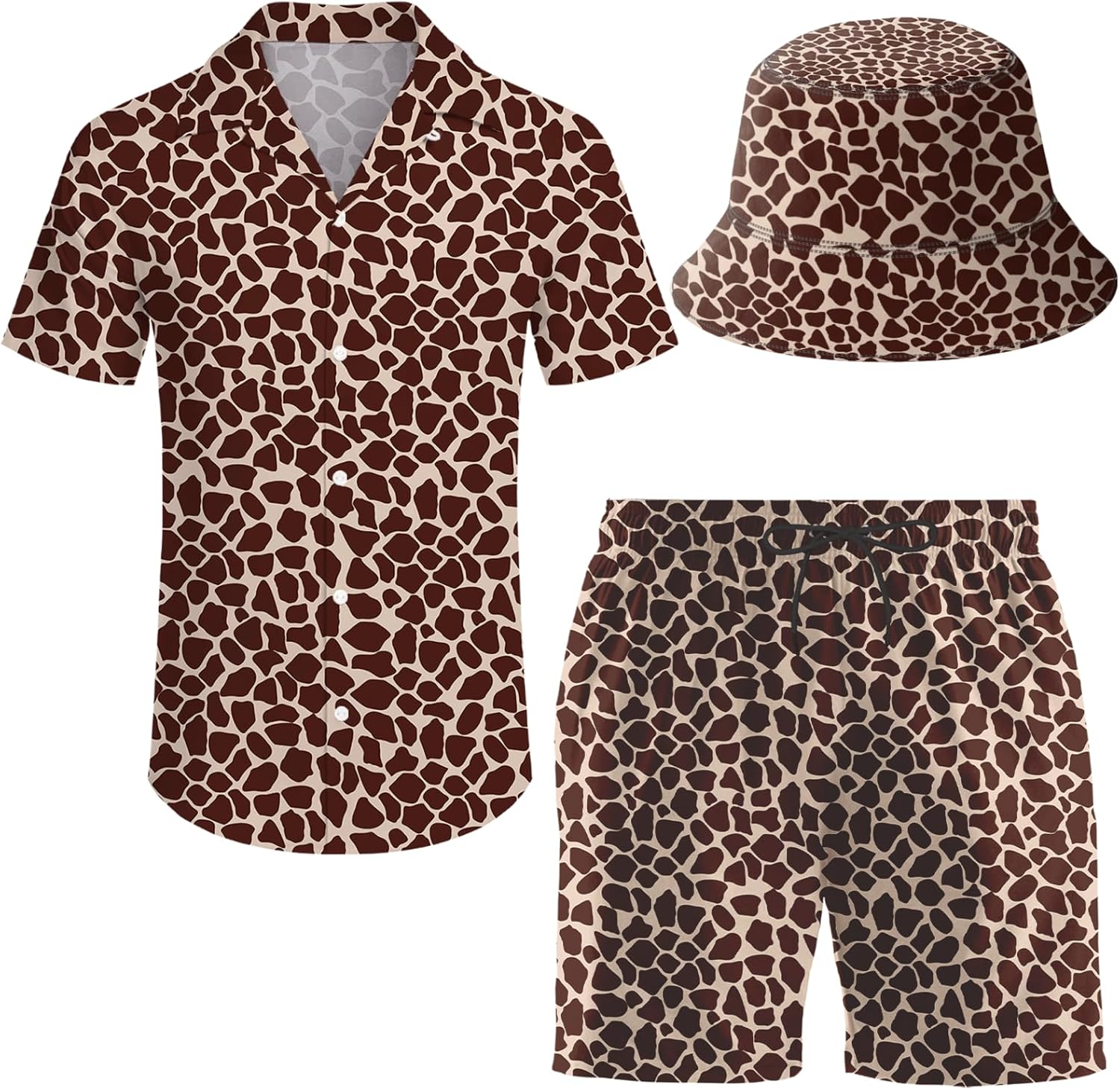 Men's Hawaiian Shirt and Shorts Set with Bucket Hat for Summer