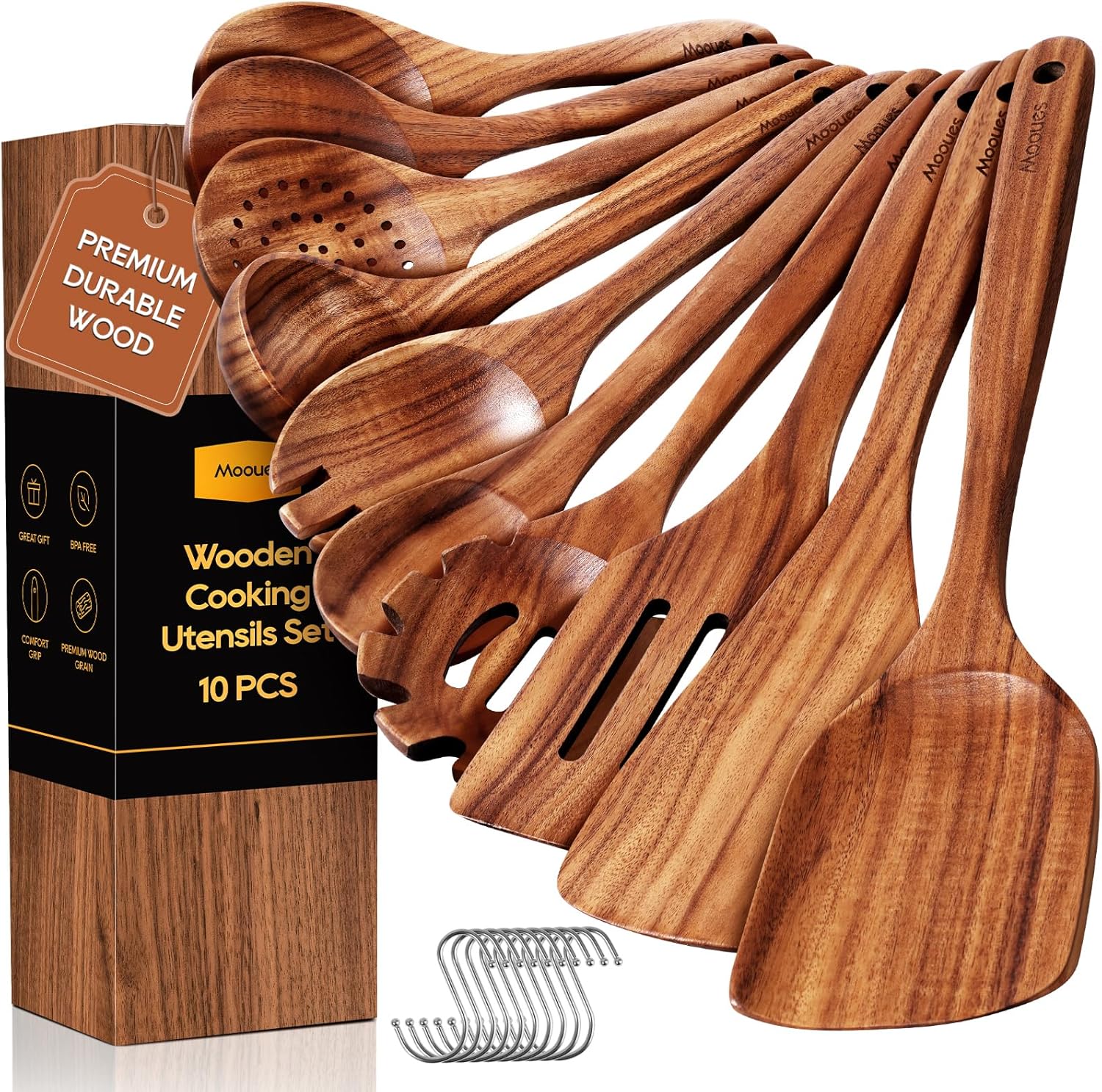 Wooden Spoons for Cooking - 10PCS Teak Wood Utensil Set