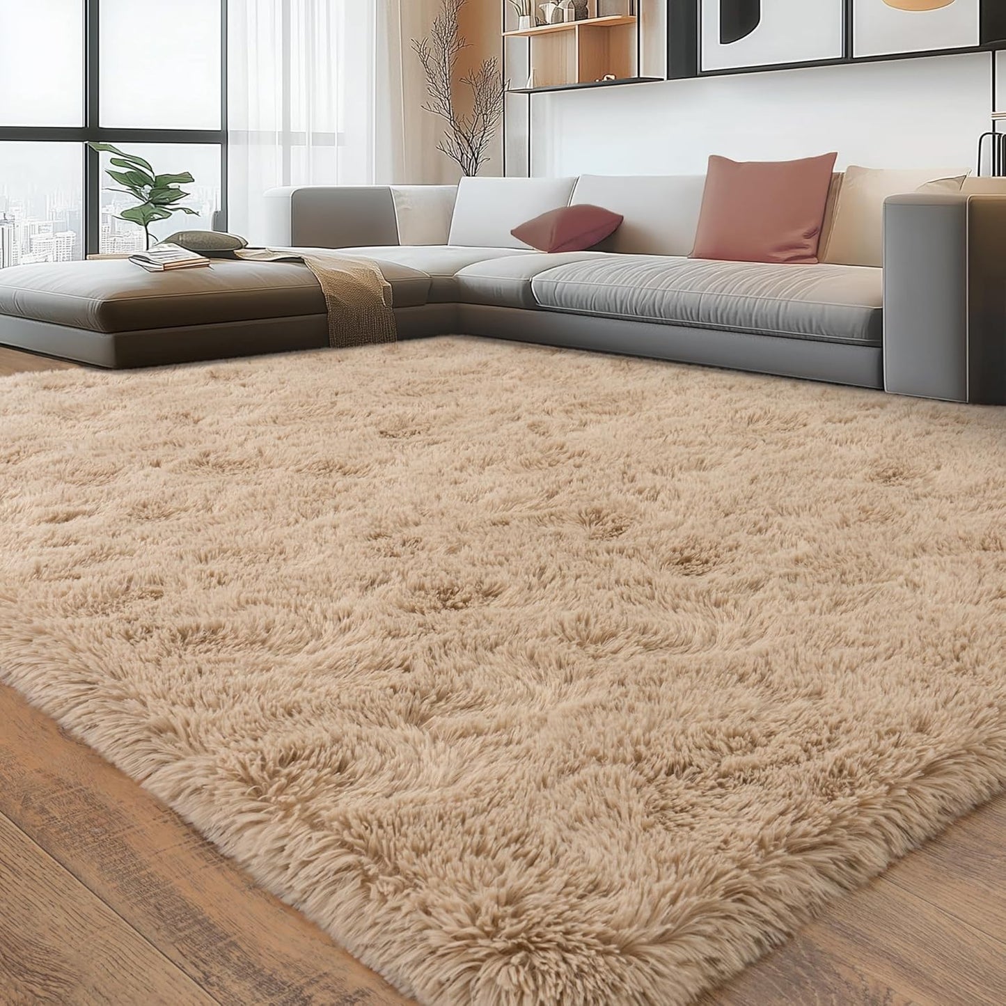 8x10 Fluffy Plush Beige Area Rug for Living Room Decor